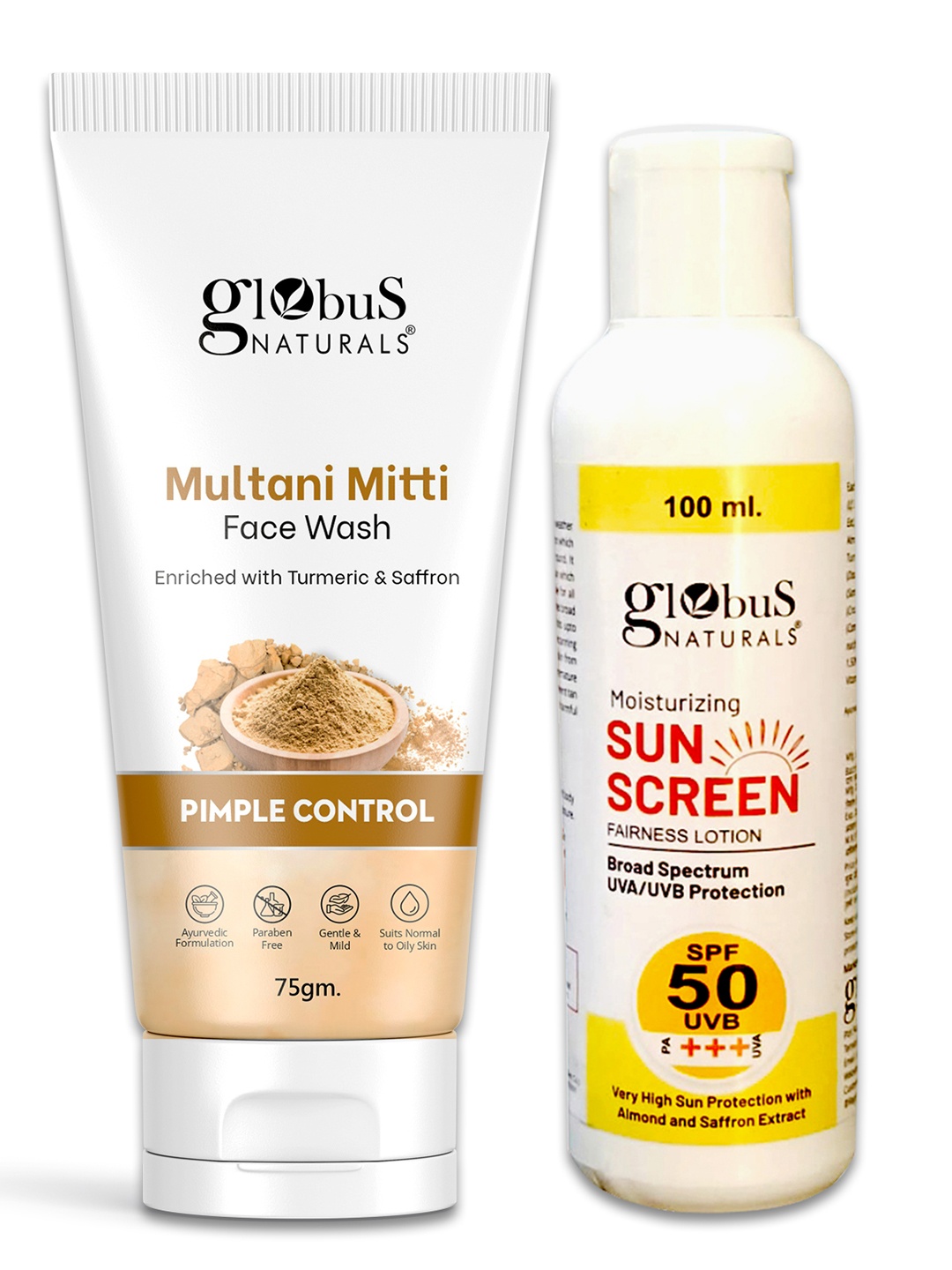 Globus naturals Moisturizing Sunscreen SPF 50++ & Multani Mitti Face Wash 75g & 100ml, White
Globus naturals Moisturizing Sunscreen SPF 50++ & Multani Mitti Face Wash 75g & 100ml, White