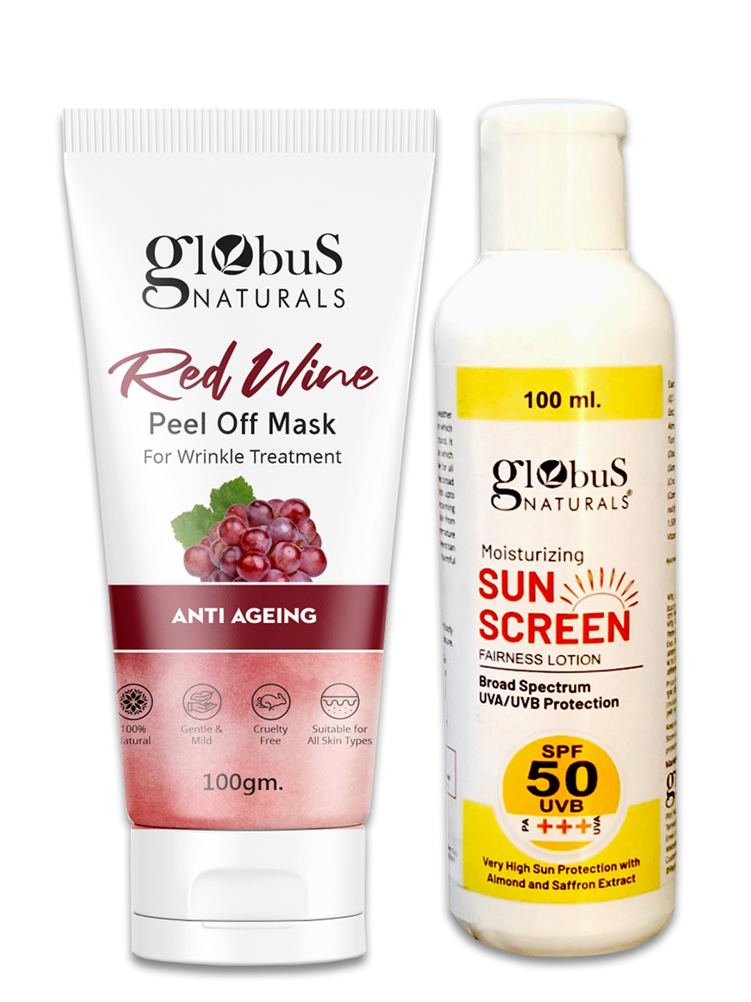 Globus naturals Sunscreen Lotion SPF 50++ 100ml & Red Wine Peel Off Mask - 100g, Off white
Globus naturals Sunscreen Lotion SPF 50++ 100ml & Red Wine Peel Off Mask - 100g, Off white