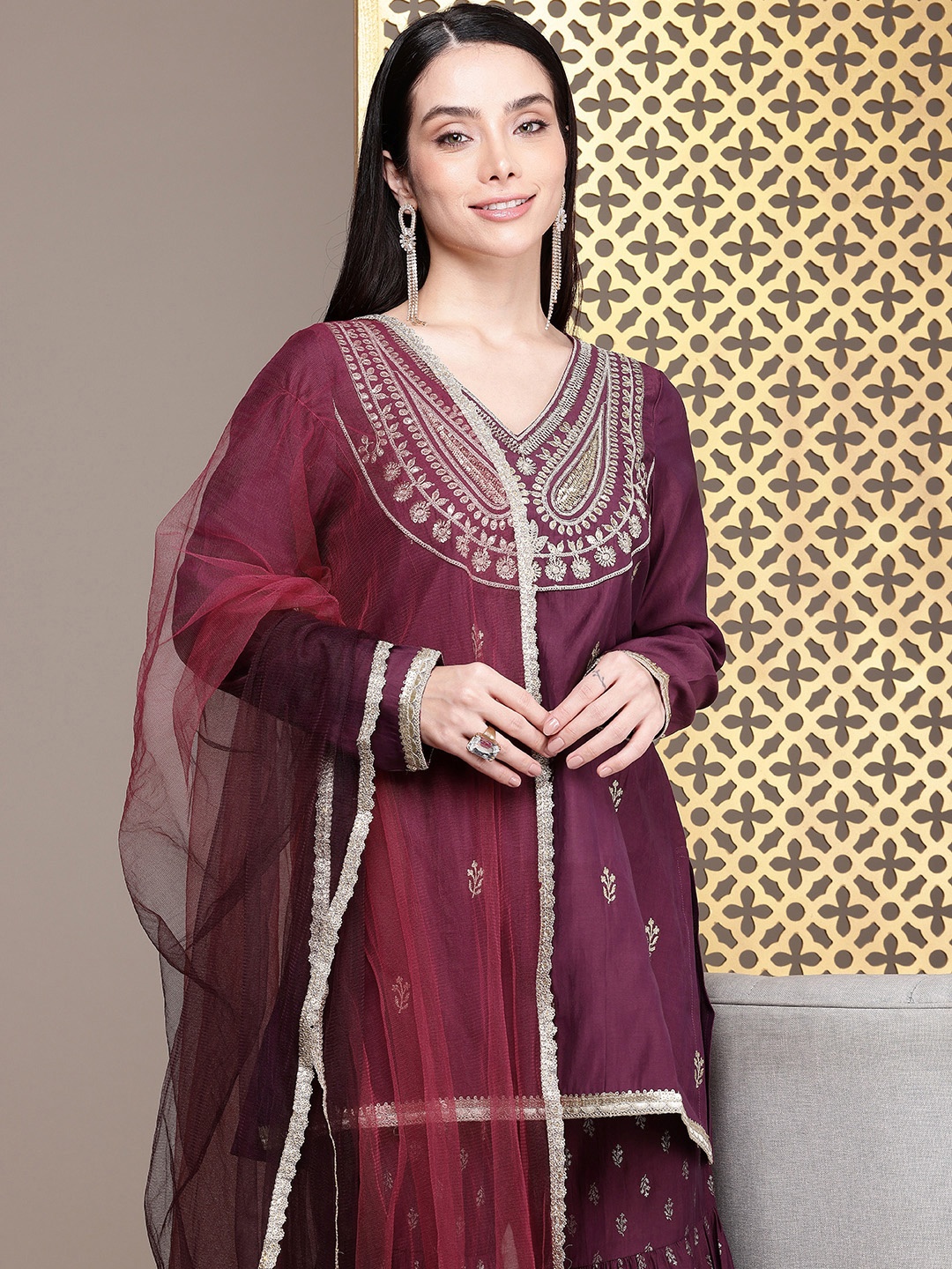 House of Pataudi Jashn Yoke Design Sequinned Zari Work Kurti With Sharara & Dupatta, Purple
House of Pataudi Jashn Yoke Design Sequinned Zari Work Kurti With Sharara & Dupatta, Purple