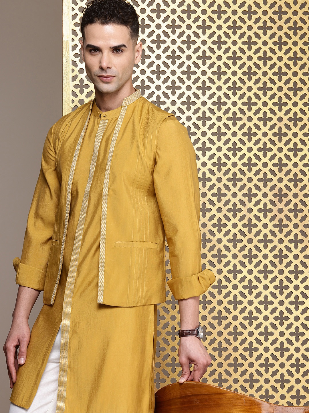 House of Pataudi Band Collar Thread Work Detailed Jashn Kurta with Trousers, Mustard
House of Pataudi Band Collar Thread Work Detailed Jashn Kurta with Trousers, Mustard