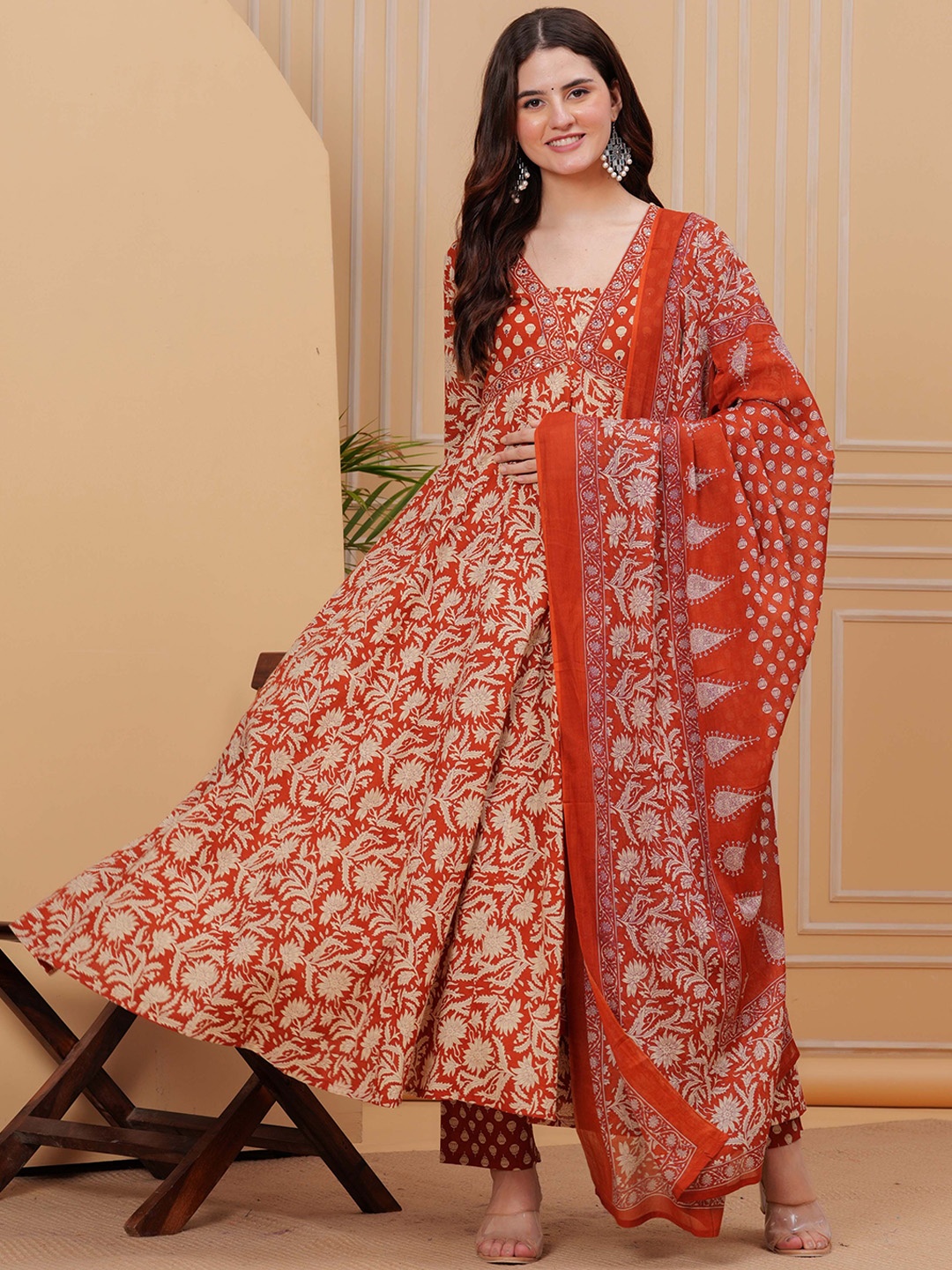 Mizaz Floral Printed Empire Mirror Work Pure Cotton Anarkali Kurta With Trousers & Dupatta, Rust
Mizaz Floral Printed Empire Mirror Work Pure Cotton Anarkali Kurta With Trousers & Dupatta, Rust