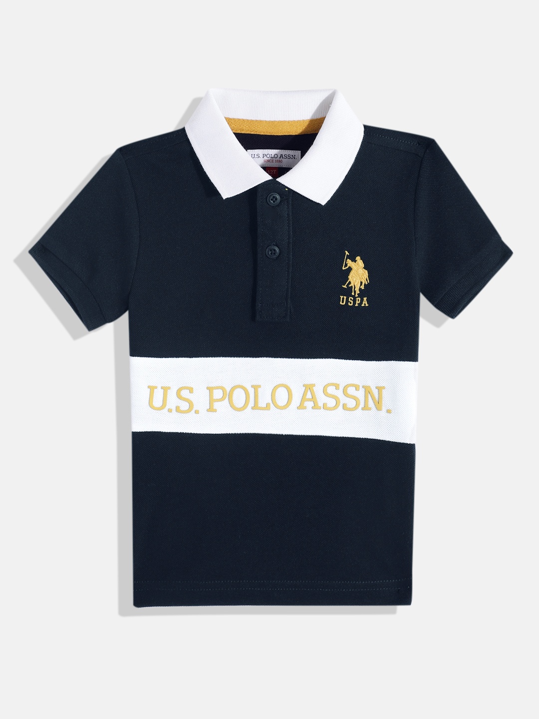 U.S. Polo Assn. Kids Colourblocked & Brand Logo Printed Polo Collar Pure Cotton T-shirt, Navy blue
U.S. Polo Assn. Kids Colourblocked & Brand Logo Printed Polo Collar Pure Cotton T-shirt, Navy blue
