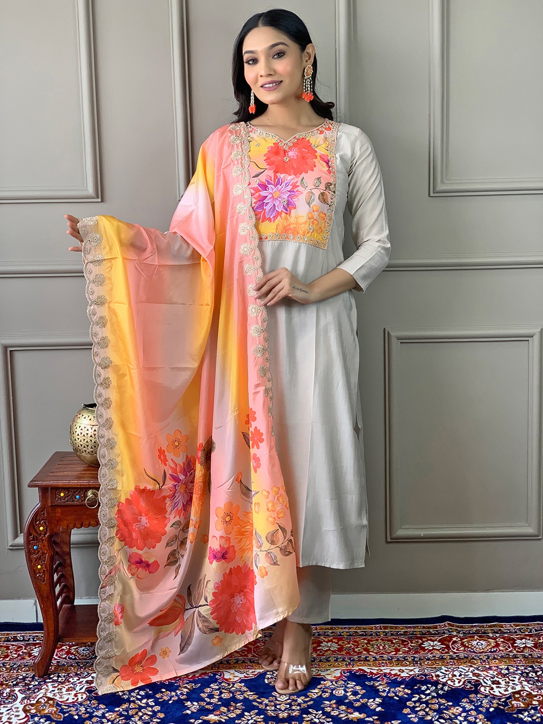 KALINI Floral Yoke Design Chanderi Cotton Kurta with Trousers & Dupatta, Orange
KALINI Floral Yoke Design Chanderi Cotton Kurta with Trousers & Dupatta, Orange