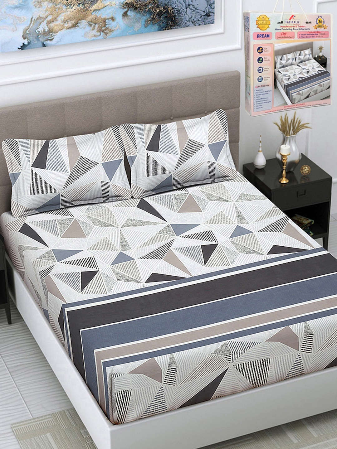 FABINALIV White & Grey Geometric 300 TC King Size Double Bedsheet with 2 Pillow Covers
FABINALIV White & Grey Geometric 300 TC King Size Double Bedsheet with 2 Pillow Covers