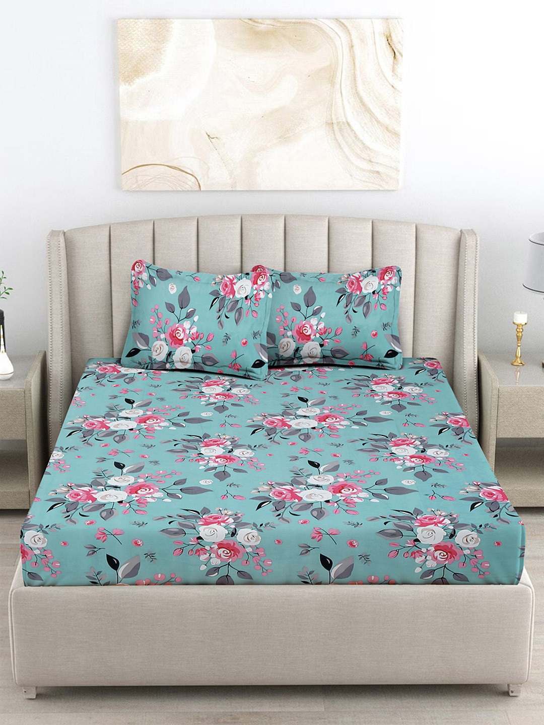FABINALIV Turquoise Blue & Grey Floral King Size Double Bedsheet with 2 Pillow Covers
FABINALIV Turquoise Blue & Grey Floral King Size Double Bedsheet with 2 Pillow Covers