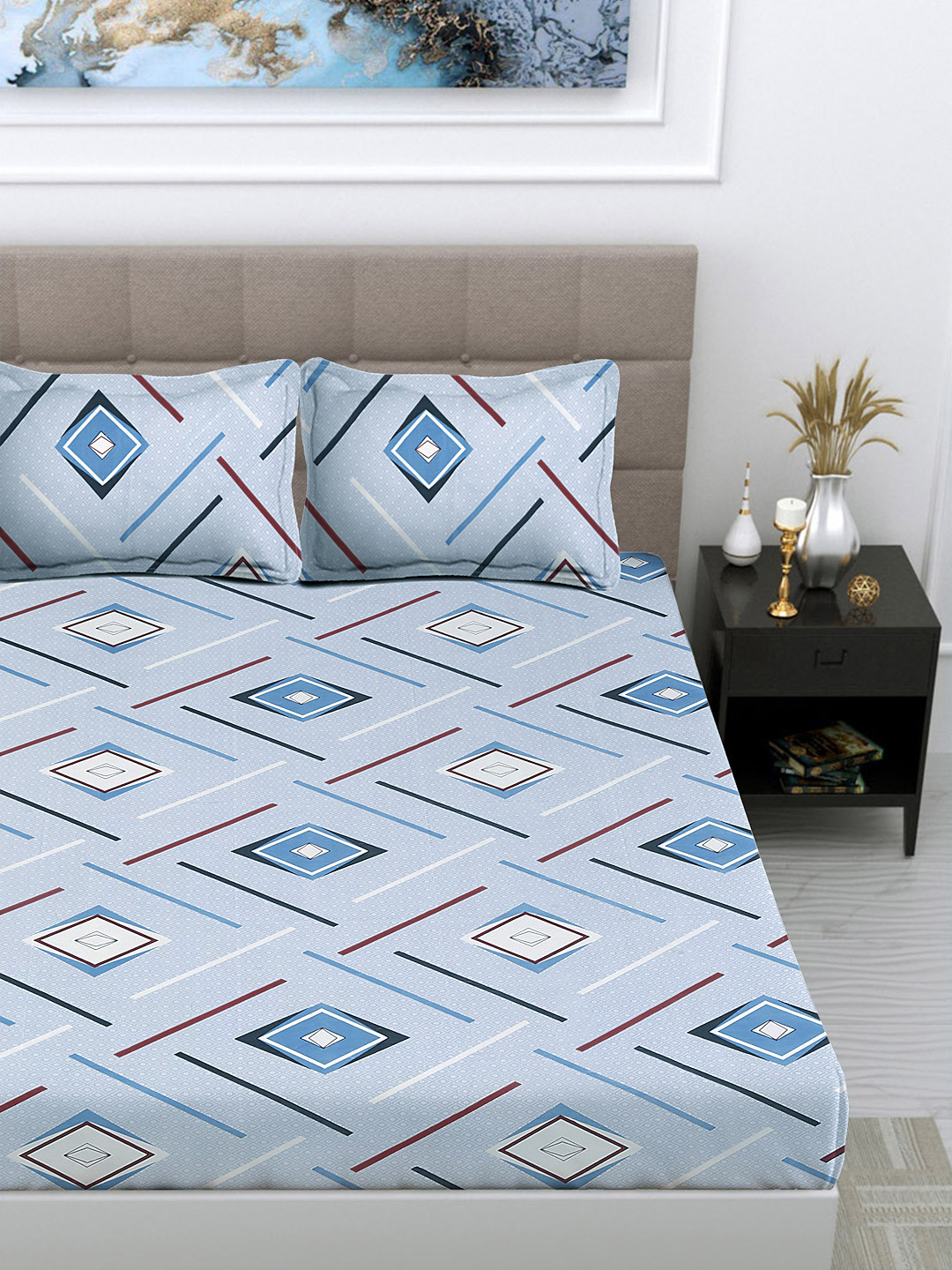 FABINALIV Blue & White Geometric 300 TC King Size Double Bedsheet with 2 Pillow Covers
FABINALIV Blue & White Geometric 300 TC King Size Double Bedsheet with 2 Pillow Covers