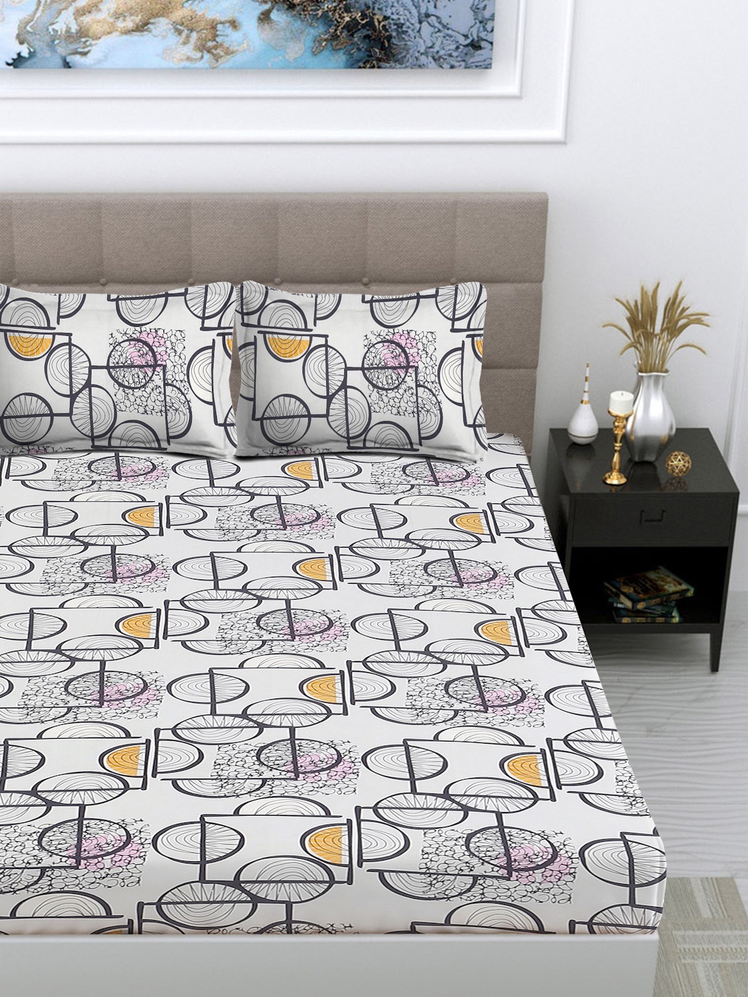 FABINALIV White & Black Geometric 300 TC King Size Double Bedsheet with 2 Pillow Covers
FABINALIV White & Black Geometric 300 TC King Size Double Bedsheet with 2 Pillow Covers