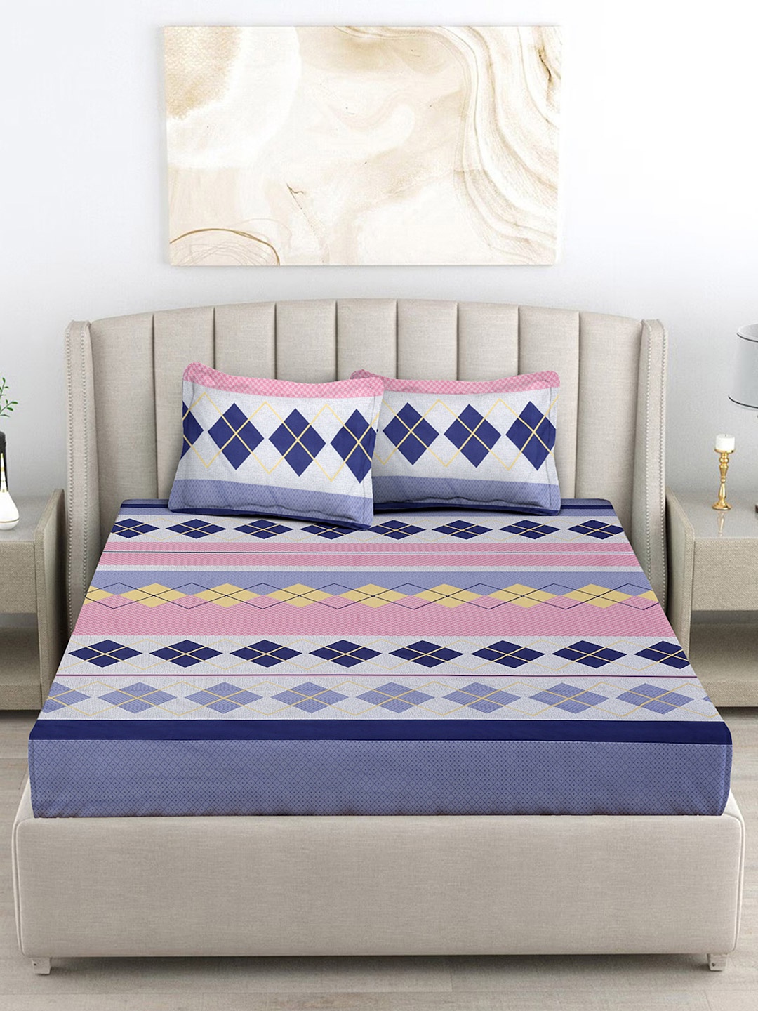 FABINALIV Blue & Pink Geometric 300 TC King Size Double Bedsheet with 2 Pillow Covers
FABINALIV Blue & Pink Geometric 300 TC King Size Double Bedsheet with 2 Pillow Covers