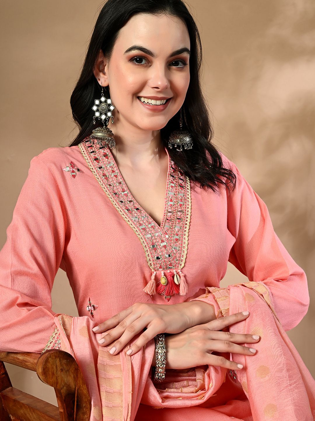 DOISA Geometric Embroidered Mirror Work Straight Kurta With Trousers & Dupatta, Pink
DOISA Geometric Embroidered Mirror Work Straight Kurta With Trousers & Dupatta, Pink