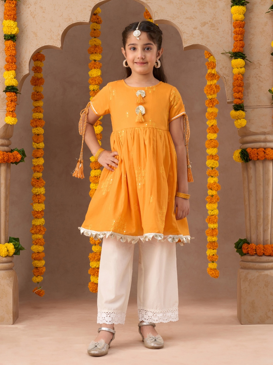 LIL DRAMA Girls Floral Embroidered Thread Work Pure Cotton Anarkali Kurta With Pyjamas, Orange
LIL DRAMA Girls Floral Embroidered Thread Work Pure Cotton Anarkali Kurta With Pyjamas, Orange