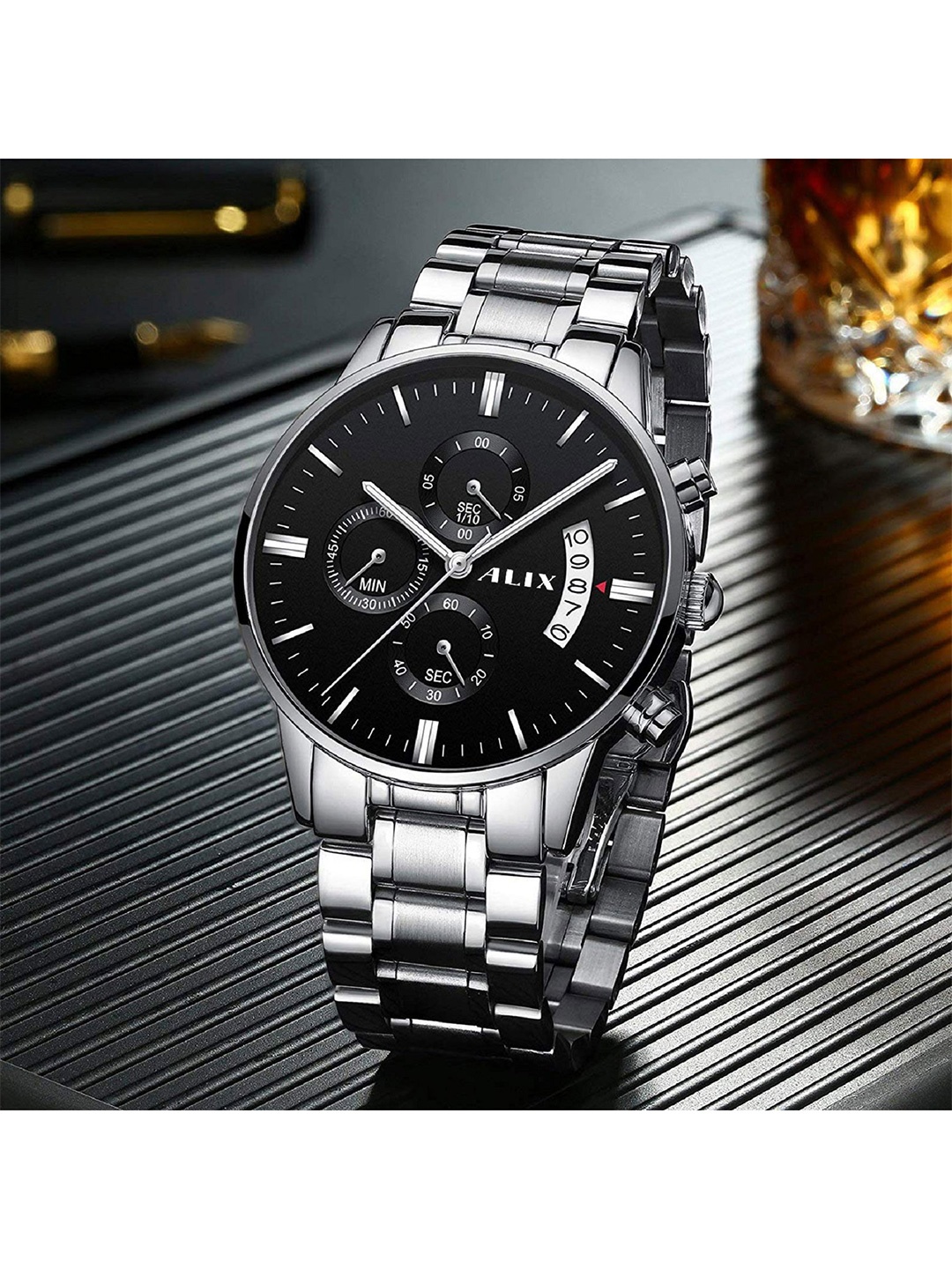 ALIX Men Dial & Stainless Steel Bracelet Style Straps Analogue Chronograph Watch AL2309 SB, Black
ALIX Men Dial & Stainless Steel Bracelet Style Straps Analogue Chronograph Watch AL2309 SB, Black