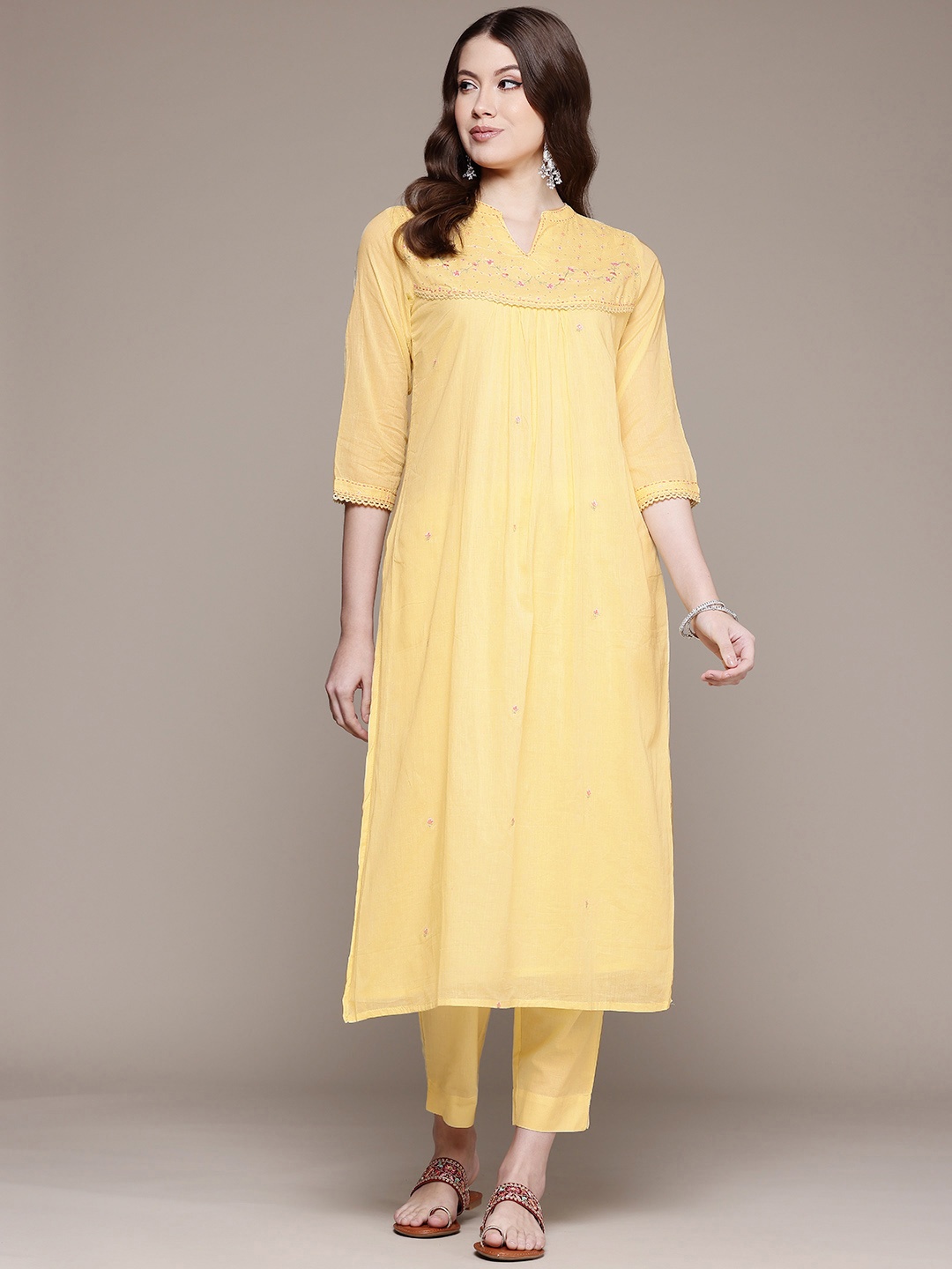Readiprint Floral Embroidered Pleated Sequinned Pure Cotton Kurta with Trousers, Yellow
Readiprint Floral Embroidered Pleated Sequinned Pure Cotton Kurta with Trousers, Yellow