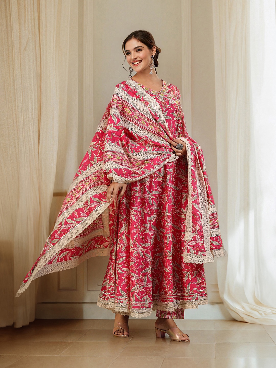 Ishin Floral Printed V-Neck Angrakha Pure Cotton Anarkali Kurta With Trousers & Dupatta, Pink
Ishin Floral Printed V-Neck Angrakha Pure Cotton Anarkali Kurta With Trousers & Dupatta, Pink