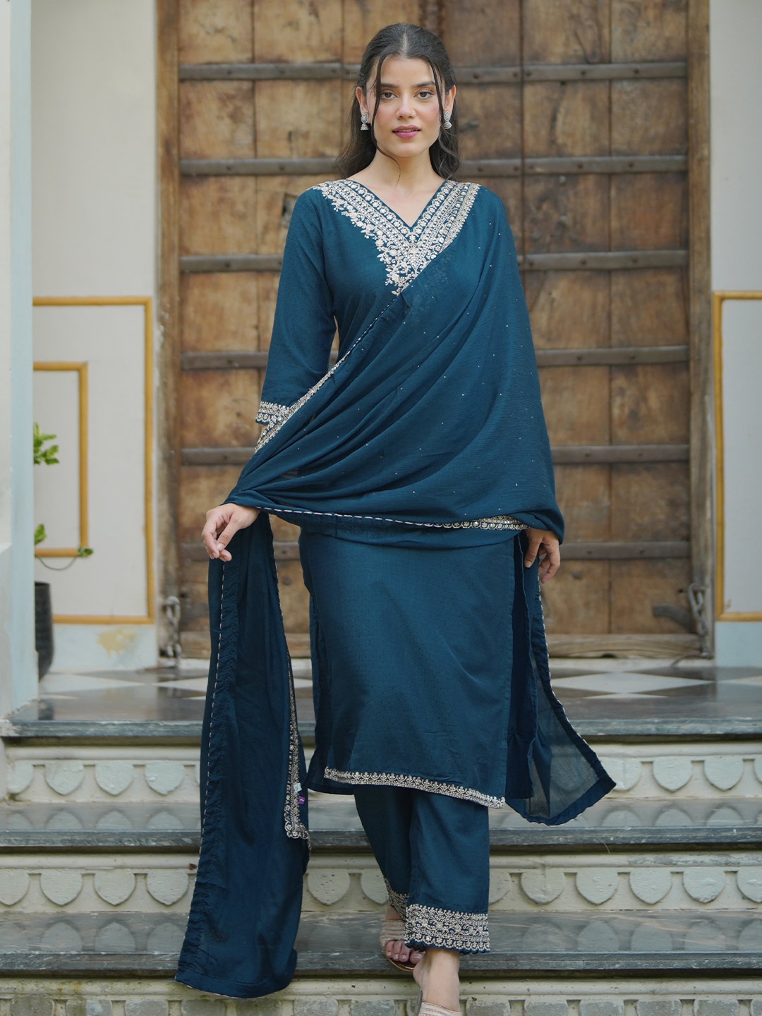 Libas Floral Yoke Design Zari Embroidered A Line Kurta with Trousers & Dupatta, Teal
Libas Floral Yoke Design Zari Embroidered A Line Kurta with Trousers & Dupatta, Teal