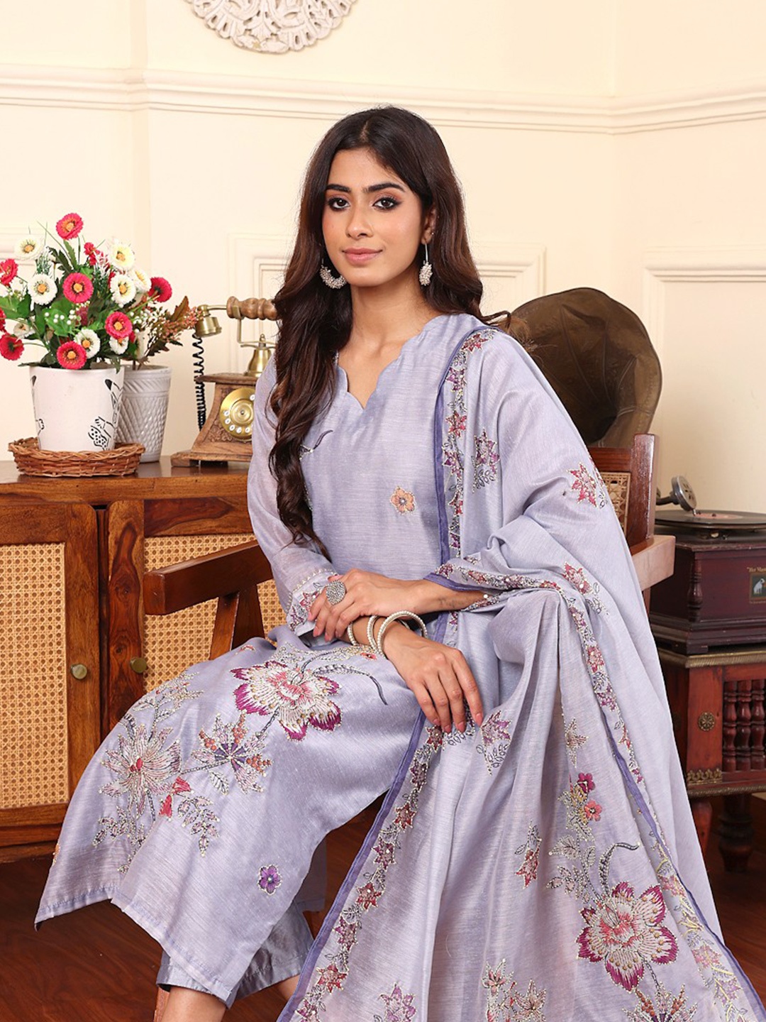 Varanga Ethnic Motifs Embroidered Chanderi Silk Straight Kurta With Trouser & Dupatta, Steel
Varanga Ethnic Motifs Embroidered Chanderi Silk Straight Kurta With Trouser & Dupatta, Steel