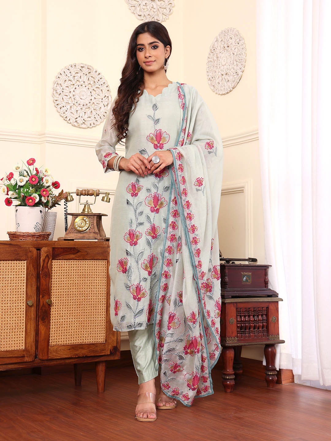 Varanga Floral Embroidered Chanderi Silk Straight Kurta With Trouser & Dupatta, Blue
Varanga Floral Embroidered Chanderi Silk Straight Kurta With Trouser & Dupatta, Blue