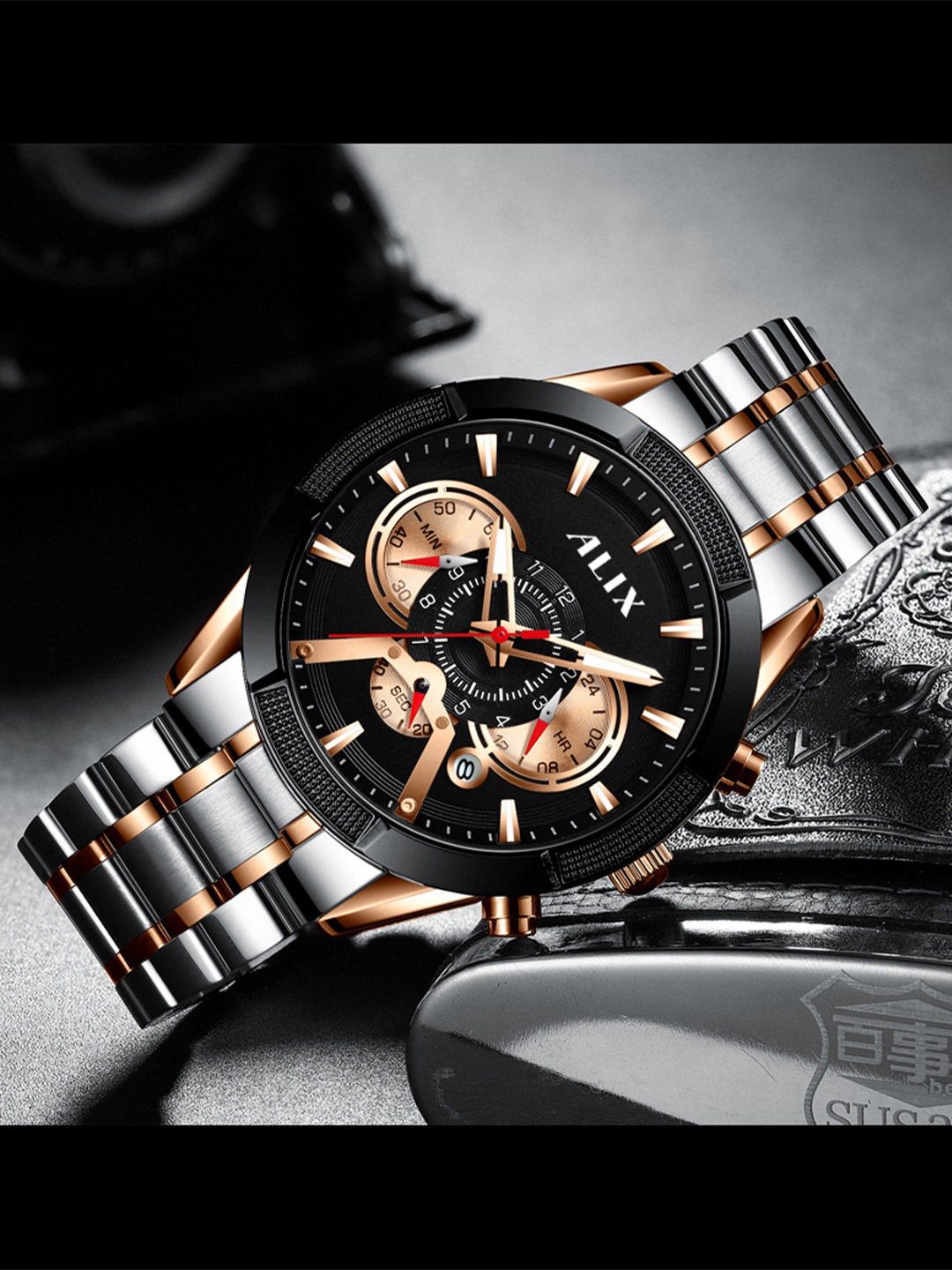 ALIX Men Brass Patterned Dial & Stainless Steel Bracelet Style Straps Analogue Chronograph Watch AL3012S, Black
ALIX Men Brass Patterned Dial & Stainless Steel Bracelet Style Straps Analogue Chronograph Watch AL3012S, Black