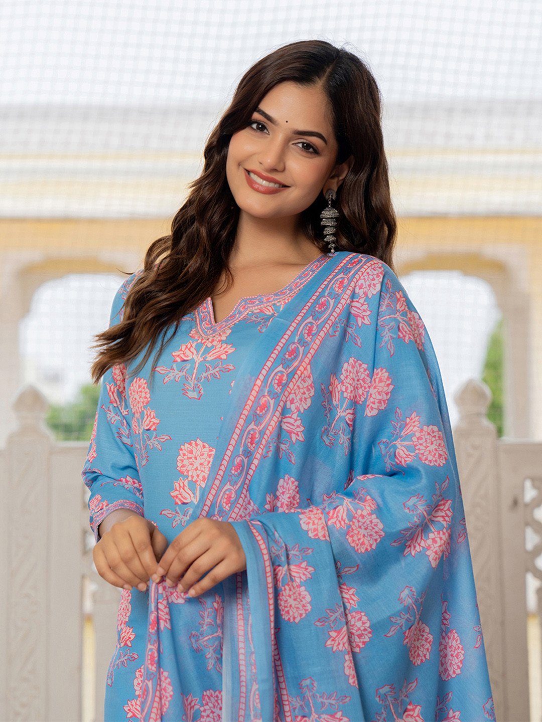 KALINI Floral Printed Three-Quarter Sleeves Straight Kurta With Trousers & Dupatta, Blue
KALINI Floral Printed Three-Quarter Sleeves Straight Kurta With Trousers & Dupatta, Blue