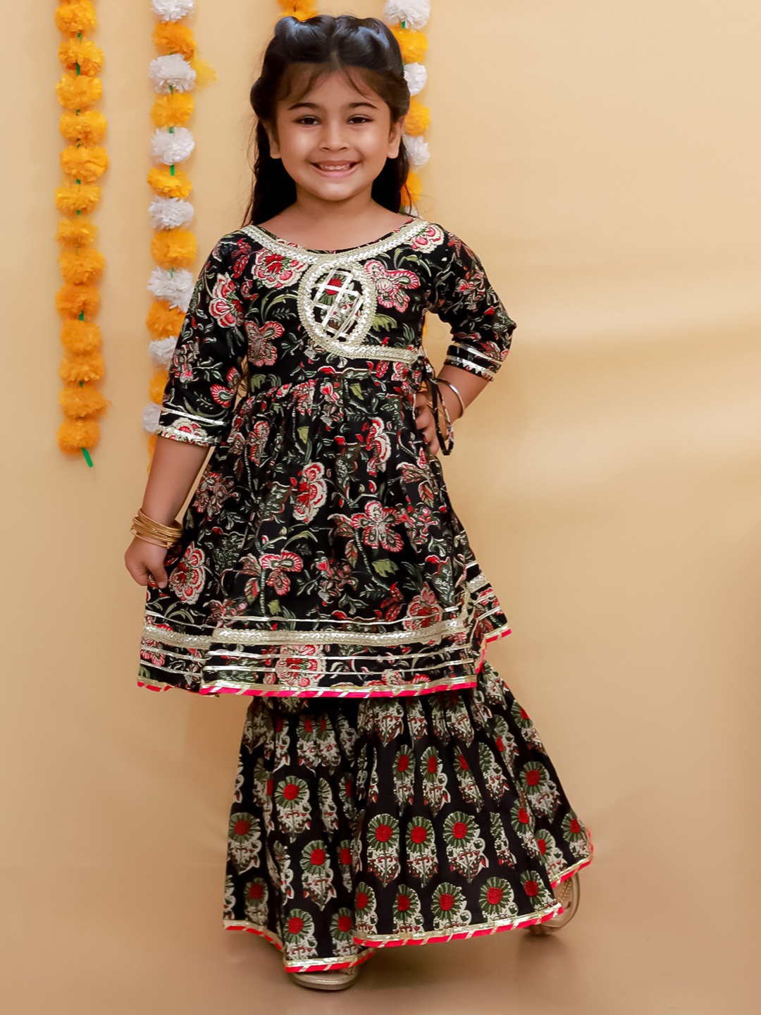 The Mom Store Girls Floral Printed Gotta Patti Pure Cotton Anarkali Kurti With Sharara, Black
The Mom Store Girls Floral Printed Gotta Patti Pure Cotton Anarkali Kurti With Sharara, Black