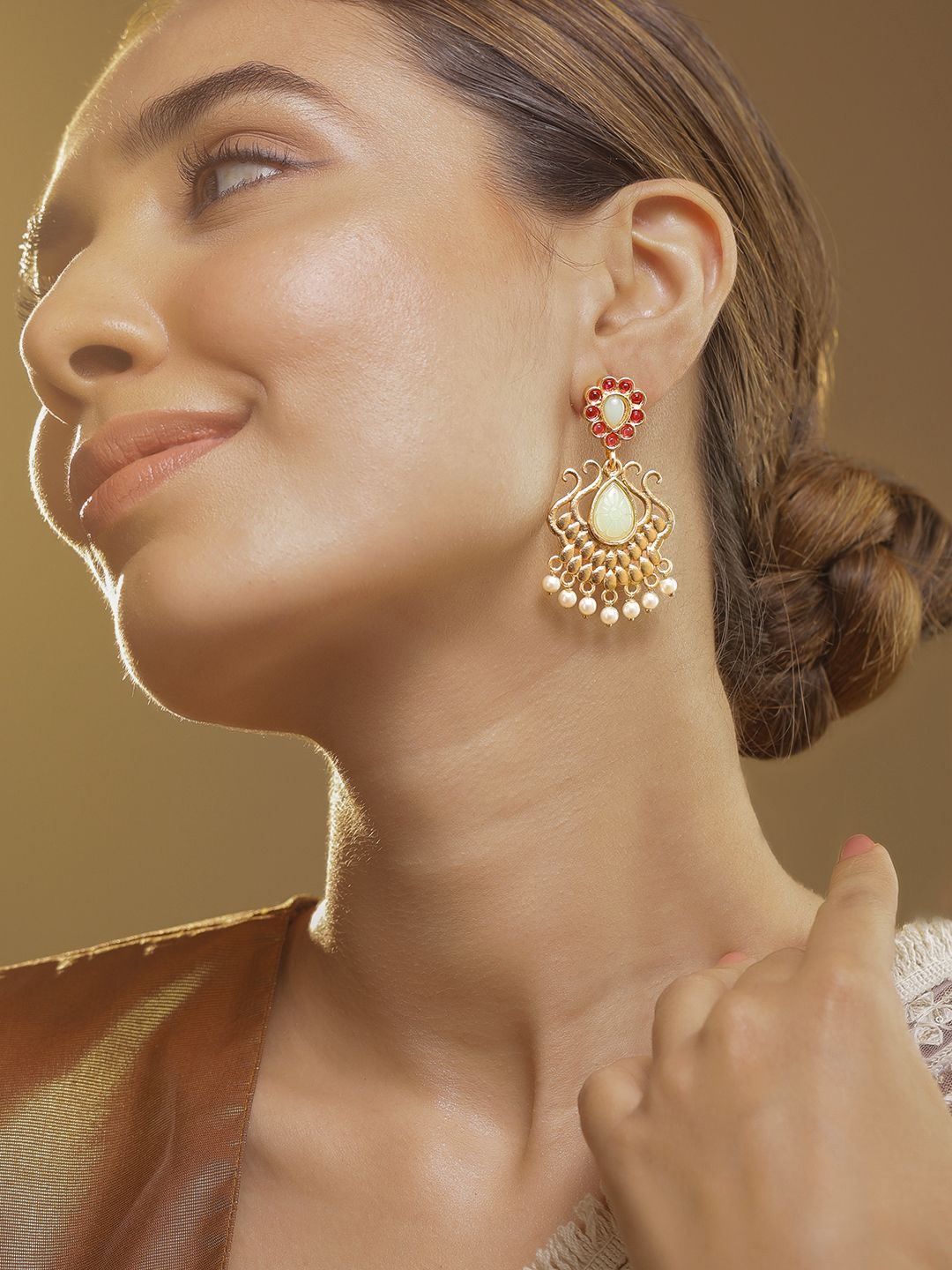 Rubans 22K GoldPlated Ruby & Light Green Stone Studded with Pearl Accents Floral Chandbali, Gold
Rubans 22K GoldPlated Ruby & Light Green Stone Studded with Pearl Accents Floral Chandbali, Gold