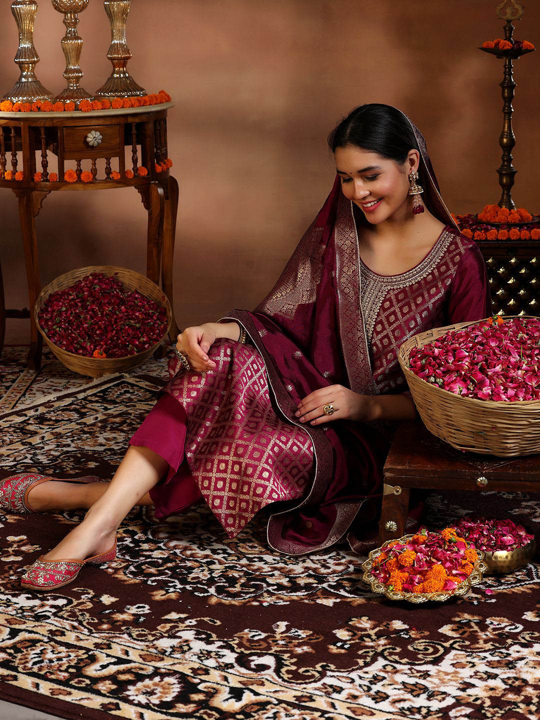 Libas Ethnic Motifs Woven Design Zari Straight Kurta With Trousers & Dupatta, Magenta
Libas Ethnic Motifs Woven Design Zari Straight Kurta With Trousers & Dupatta, Magenta