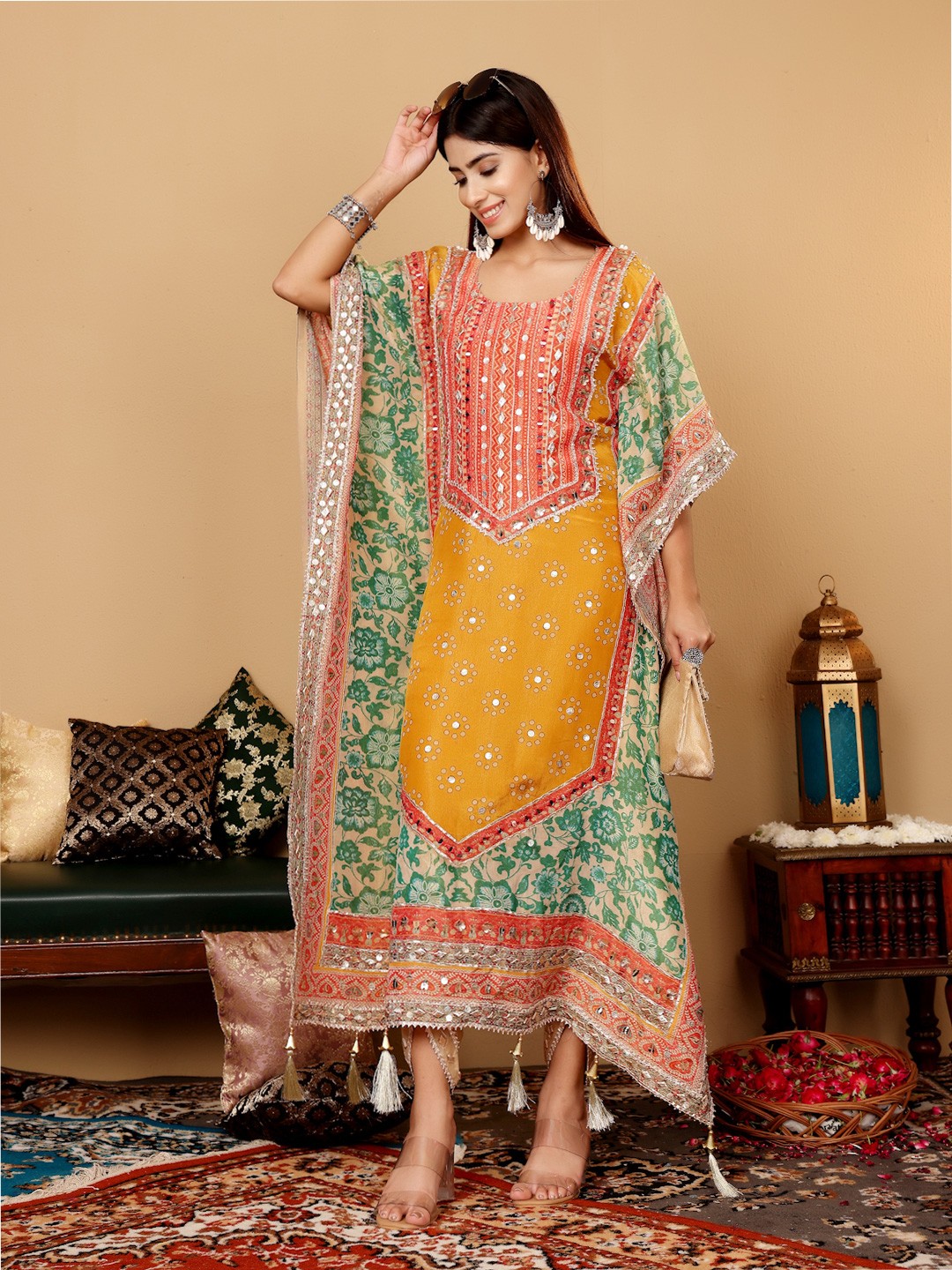 Varanga Floral Embroidered Gotta Patti Pure Silk Kaftan Kurta with Dhoti Pants, Mustard
Varanga Floral Embroidered Gotta Patti Pure Silk Kaftan Kurta with Dhoti Pants, Mustard