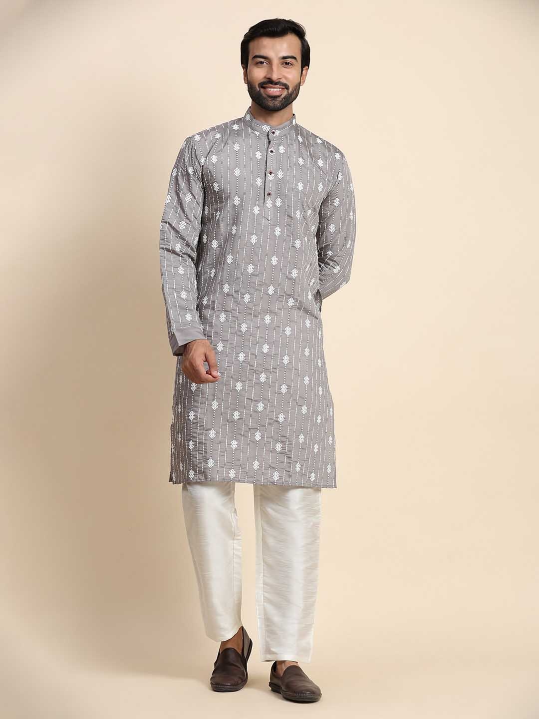 Rawayi Ethnic Motifs Embroidered Band Collar Sequinned Pure Cotton Straight Kurta, Grey
Rawayi Ethnic Motifs Embroidered Band Collar Sequinned Pure Cotton Straight Kurta, Grey