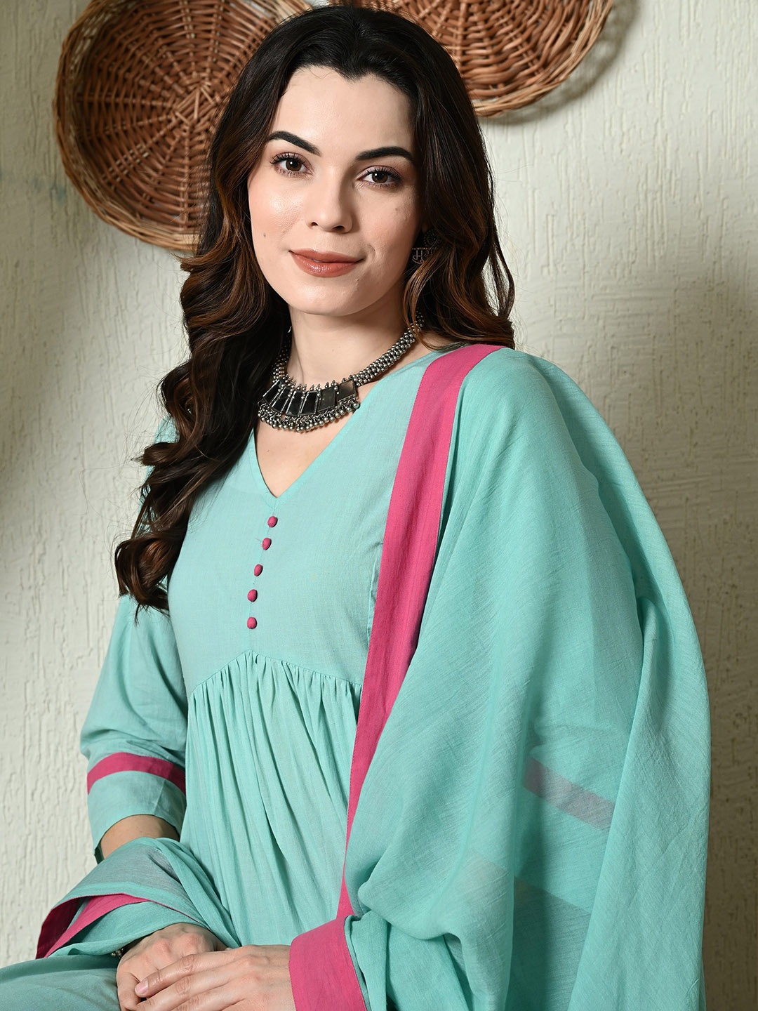 CRENOL THREADS Empire Pure Cotton Anarkali Kurta With Palazzos & Dupatta, Green
CRENOL THREADS Empire Pure Cotton Anarkali Kurta With Palazzos & Dupatta, Green