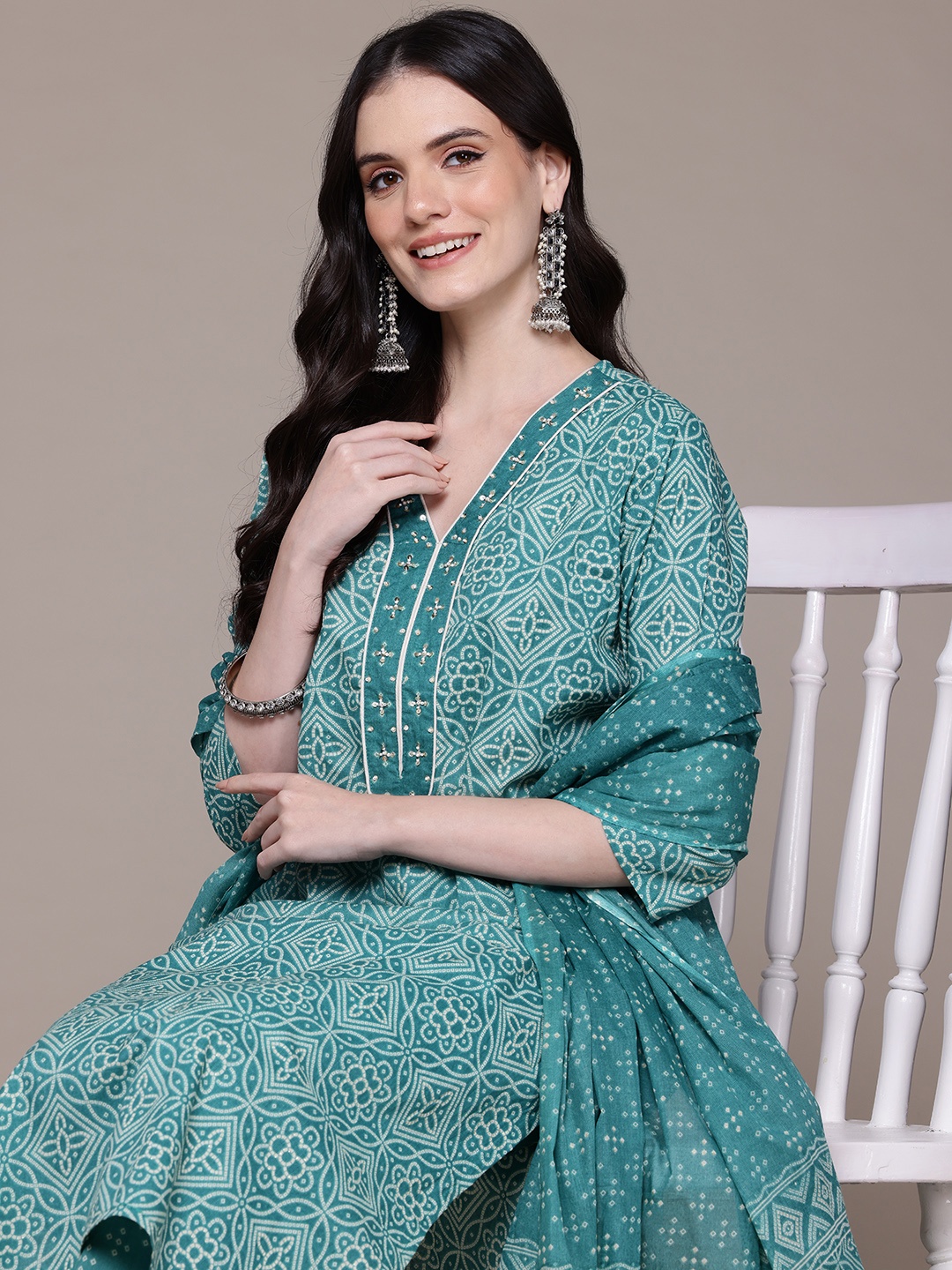 Readiprint Bandhani Printed Aari Work Pure Cotton Kurta with Palazzos & Dupatta, Sea green
Readiprint Bandhani Printed Aari Work Pure Cotton Kurta with Palazzos & Dupatta, Sea green