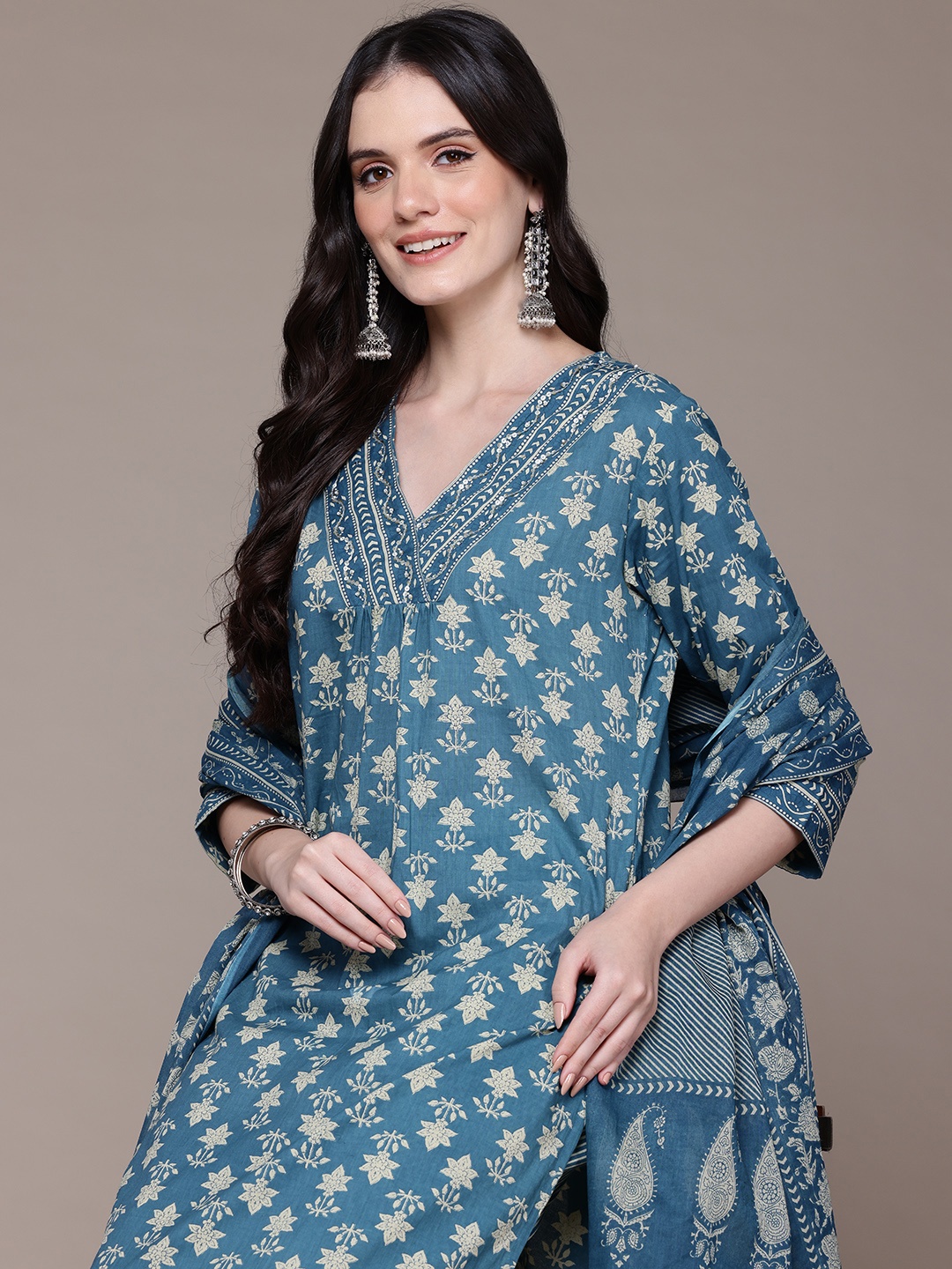 Readiprint Floral Printed Pleated Aari Work Cotton Kurta with Palazzos & Dupatta, Teal
Readiprint Floral Printed Pleated Aari Work Cotton Kurta with Palazzos & Dupatta, Teal