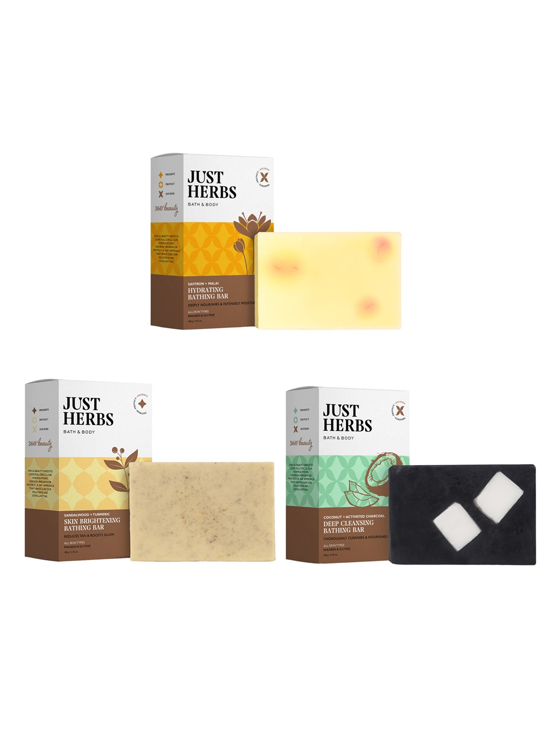 Just Herbs Set Of 3 Bathing Bar - Hydrating + Skin Brightening + Deep Cleansing- 100g Each, Orange
Just Herbs Set Of 3 Bathing Bar - Hydrating + Skin Brightening + Deep Cleansing- 100g Each, Orange