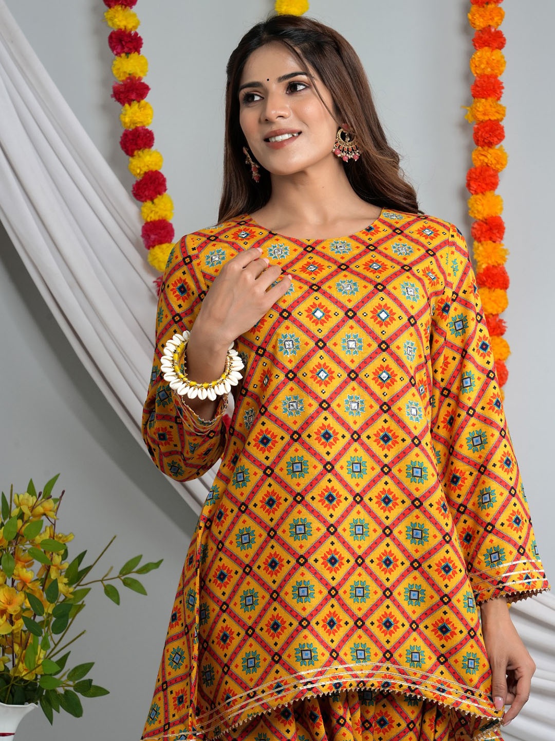 CRENOL THREADS Ethnic Motifs Printed Mirror Work A-Line Zari Kurti With Dhoti Pants, Yellow
CRENOL THREADS Ethnic Motifs Printed Mirror Work A-Line Zari Kurti With Dhoti Pants, Yellow