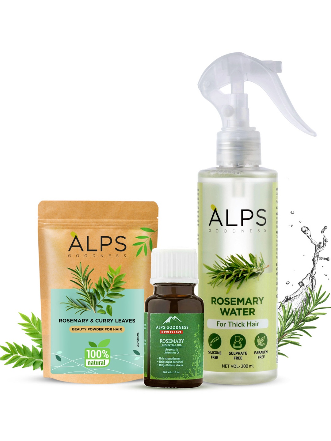 Alps Goodness Rosemary Hair Essentials Pack - Hair Spray, Essential Oil & Hair Powder, Green
Alps Goodness Rosemary Hair Essentials Pack - Hair Spray, Essential Oil & Hair Powder, Green