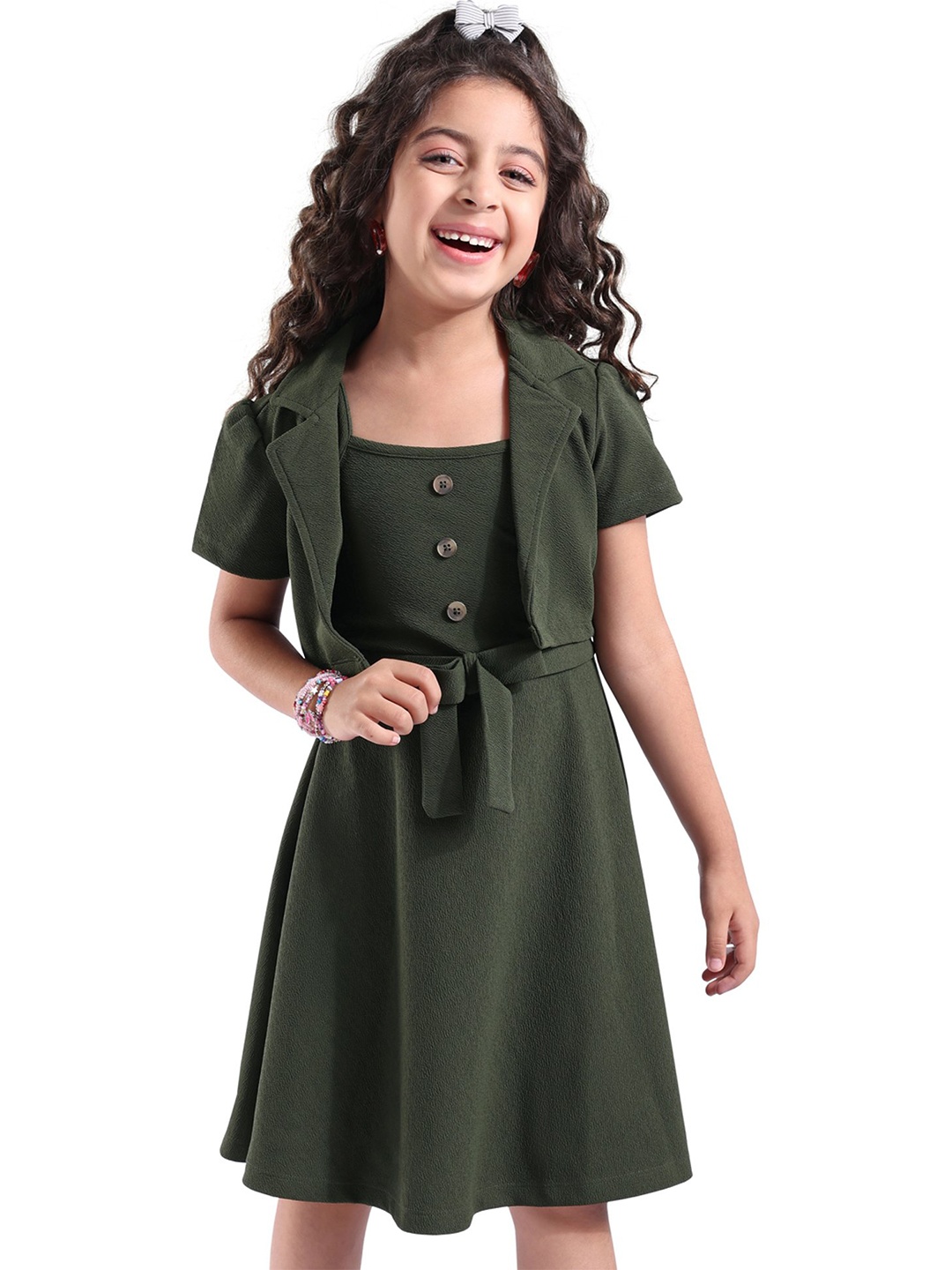 Hola Bonita Girls Textured Frock With Short Sleeves Collar Neck Jacket Solid Dress, Olive
Hola Bonita Girls Textured Frock With Short Sleeves Collar Neck Jacket Solid Dress, Olive