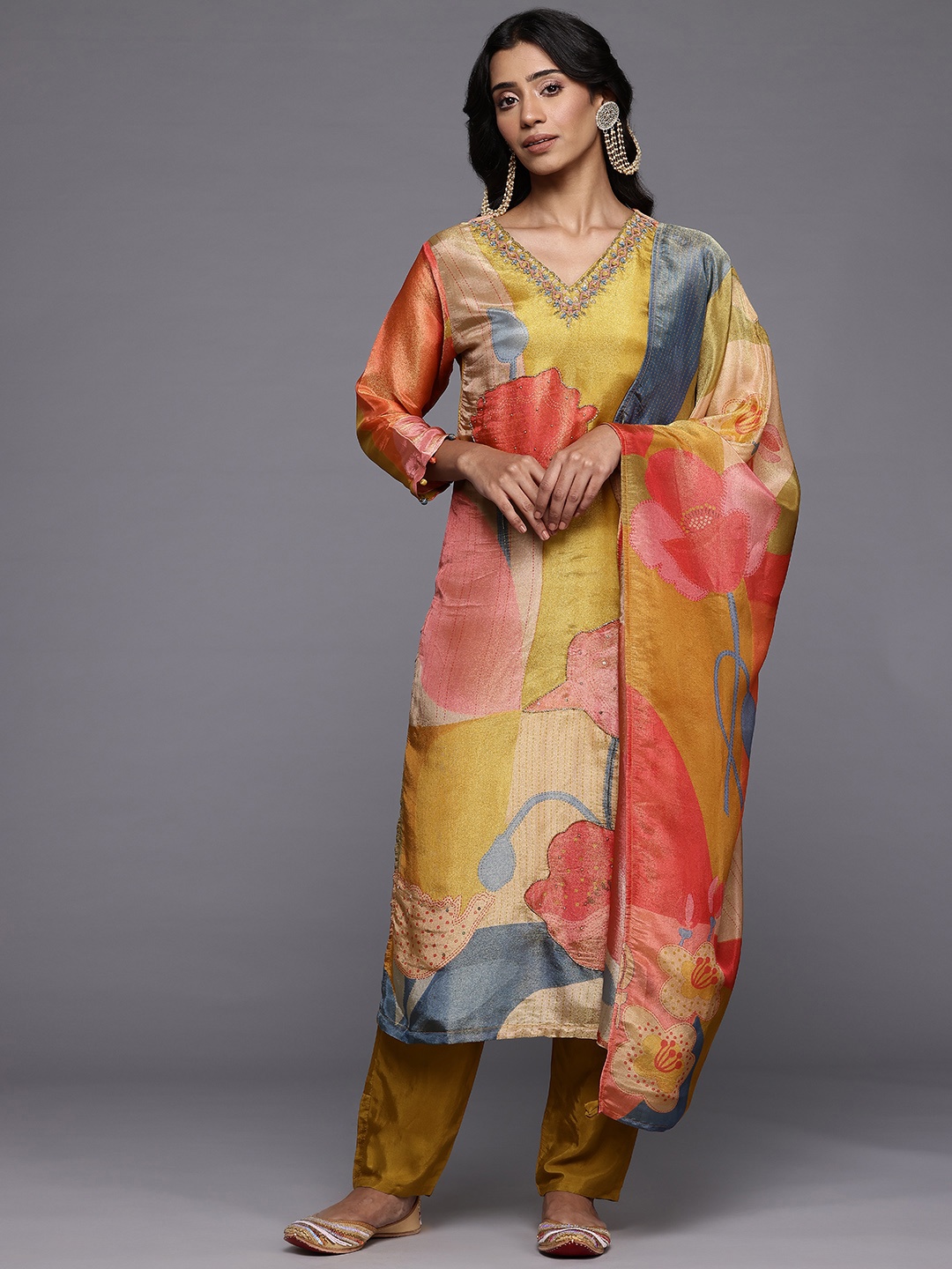 Varanga Floral Embroidered Beads and Stones Pure Silk Kurta with Trousers With Dupatta, Mustard
Varanga Floral Embroidered Beads and Stones Pure Silk Kurta with Trousers With Dupatta, Mustard