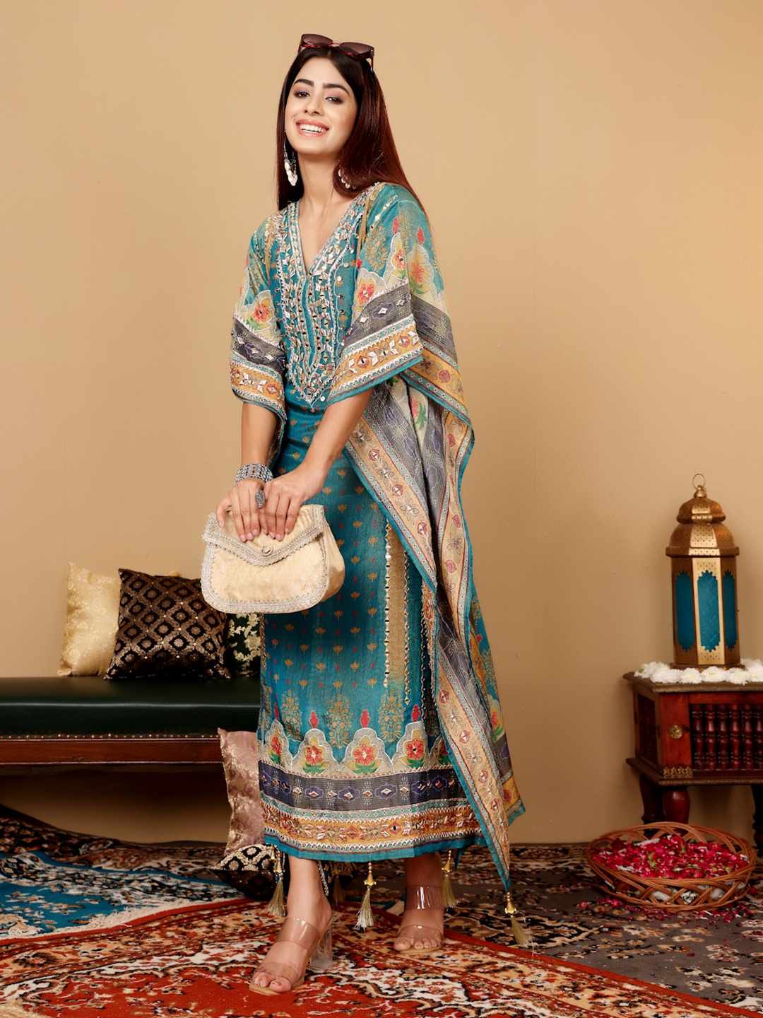 Varanga Ethnic Motifs Embroidered Gotta Patti Pure Silk Kaftan Kurta with Trousers, Teal
Varanga Ethnic Motifs Embroidered Gotta Patti Pure Silk Kaftan Kurta with Trousers, Teal