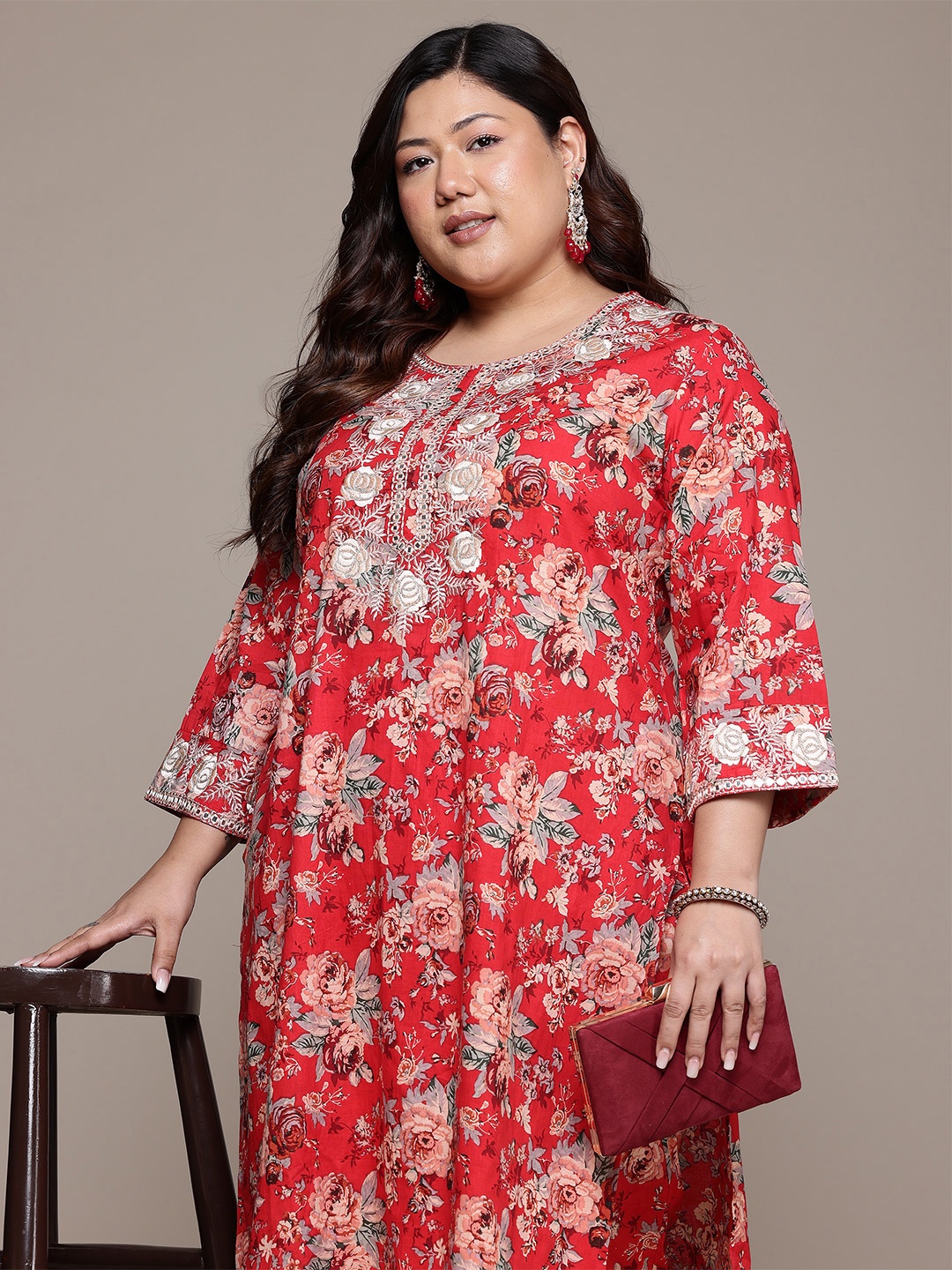 Readiprint Plus Size Floral Printed Thread Work Pure Cotton Kurta with Palazzos, Red
Readiprint Plus Size Floral Printed Thread Work Pure Cotton Kurta with Palazzos, Red
