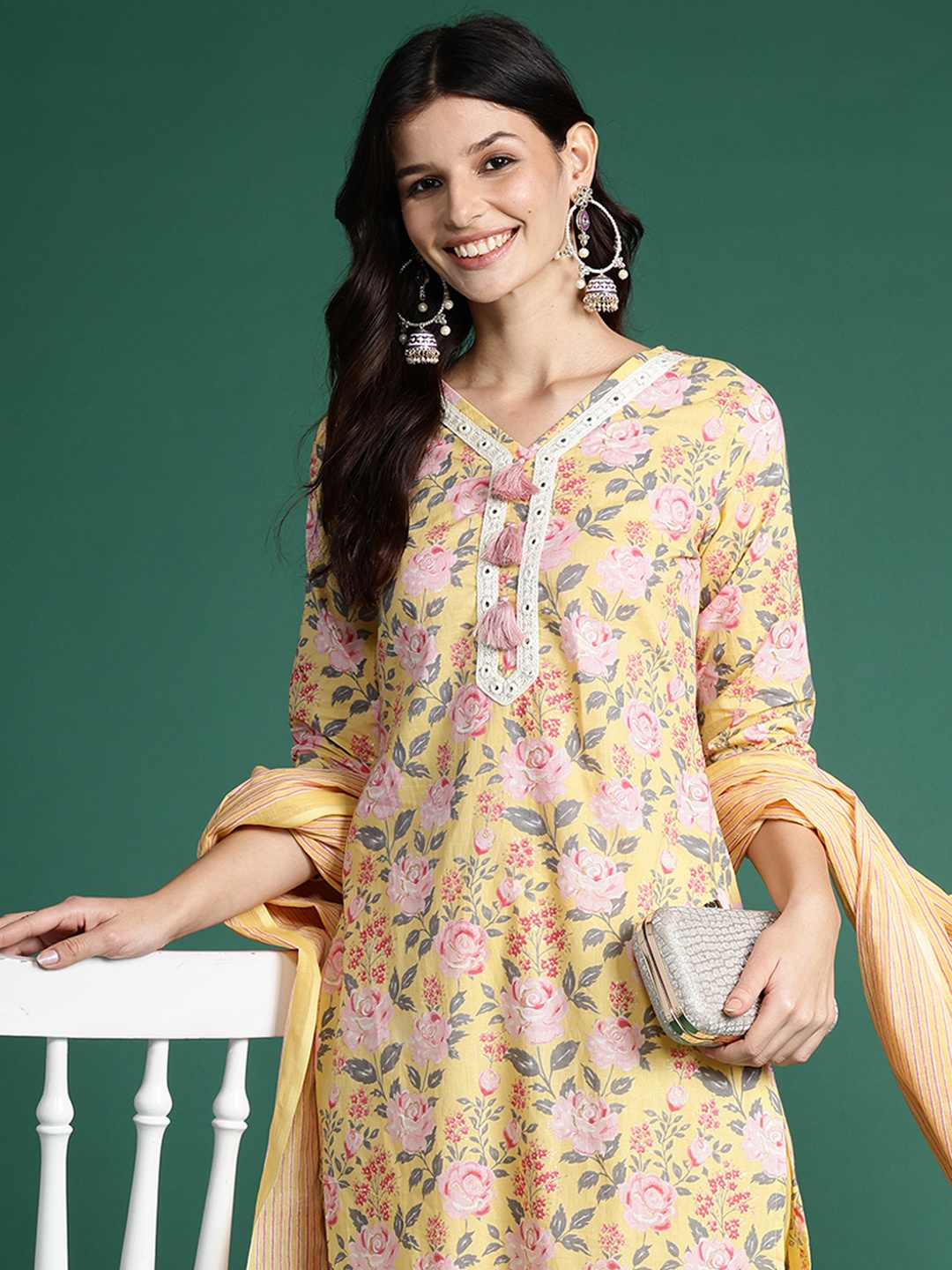 Indo Era Floral Printed Thread Work Pure Cotton Kurta with Trousers & Dupatta, Yellow
Indo Era Floral Printed Thread Work Pure Cotton Kurta with Trousers & Dupatta, Yellow