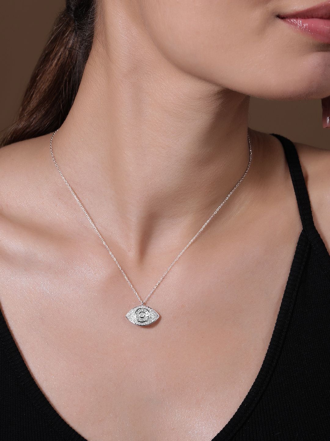 Rubans Rhodium-Plated Evil Eye Pendant Necklace with Pave Cubic Zirconia Studded, Silver
Rubans Rhodium-Plated Evil Eye Pendant Necklace with Pave Cubic Zirconia Studded, Silver