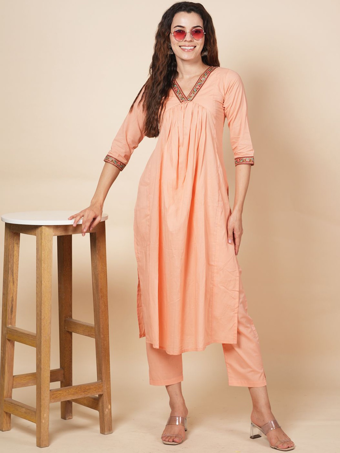 LABEL KRISHA Floral Yoke Design Pleated Pure Cotton Straight Kurta with Trouser, Peach
LABEL KRISHA Floral Yoke Design Pleated Pure Cotton Straight Kurta with Trouser, Peach