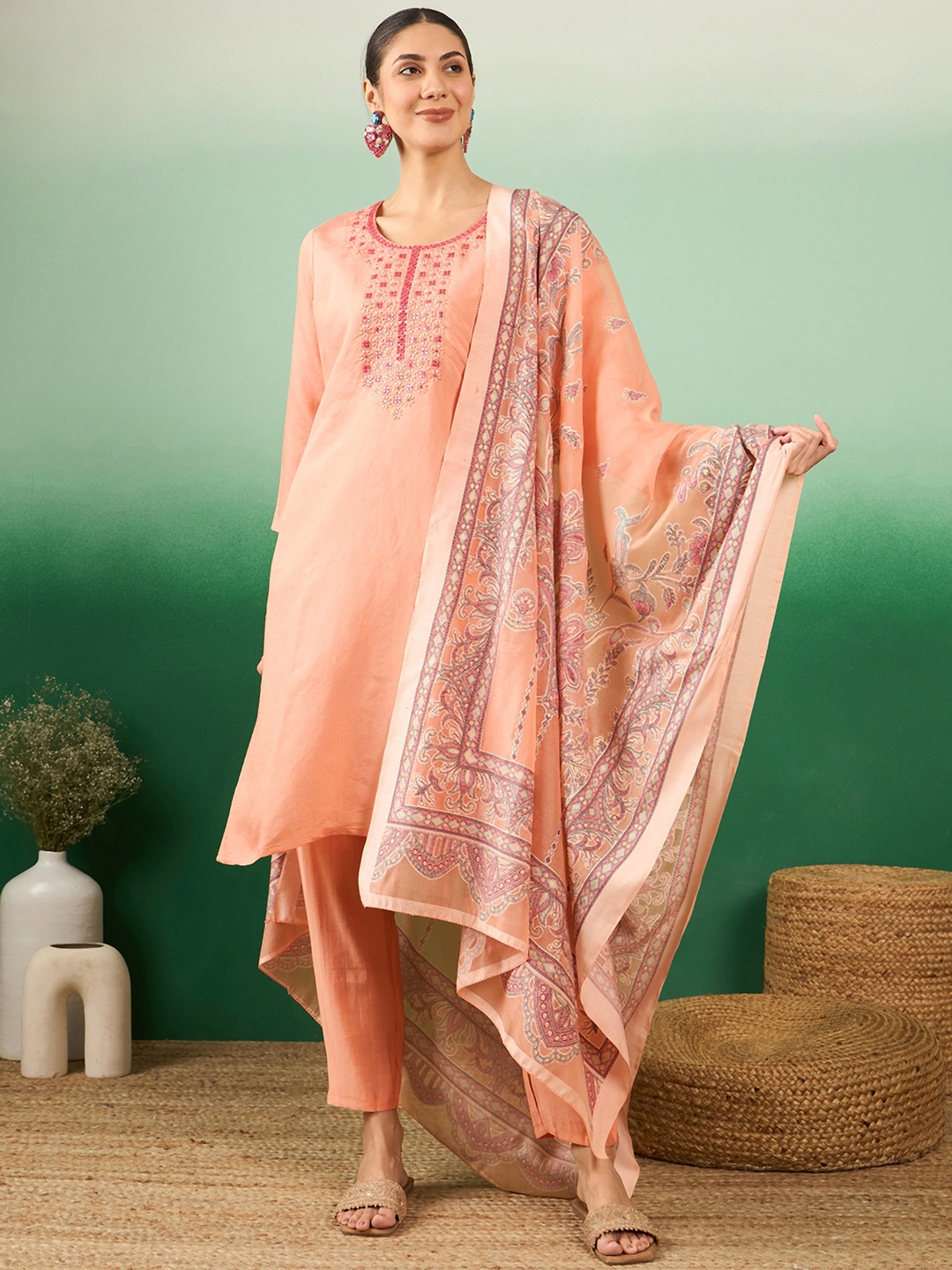 MANVAA Women Floral Printed Thread Work Straight Kurta With Trousers & Dupatta, Peach
MANVAA Women Floral Printed Thread Work Straight Kurta With Trousers & Dupatta, Peach