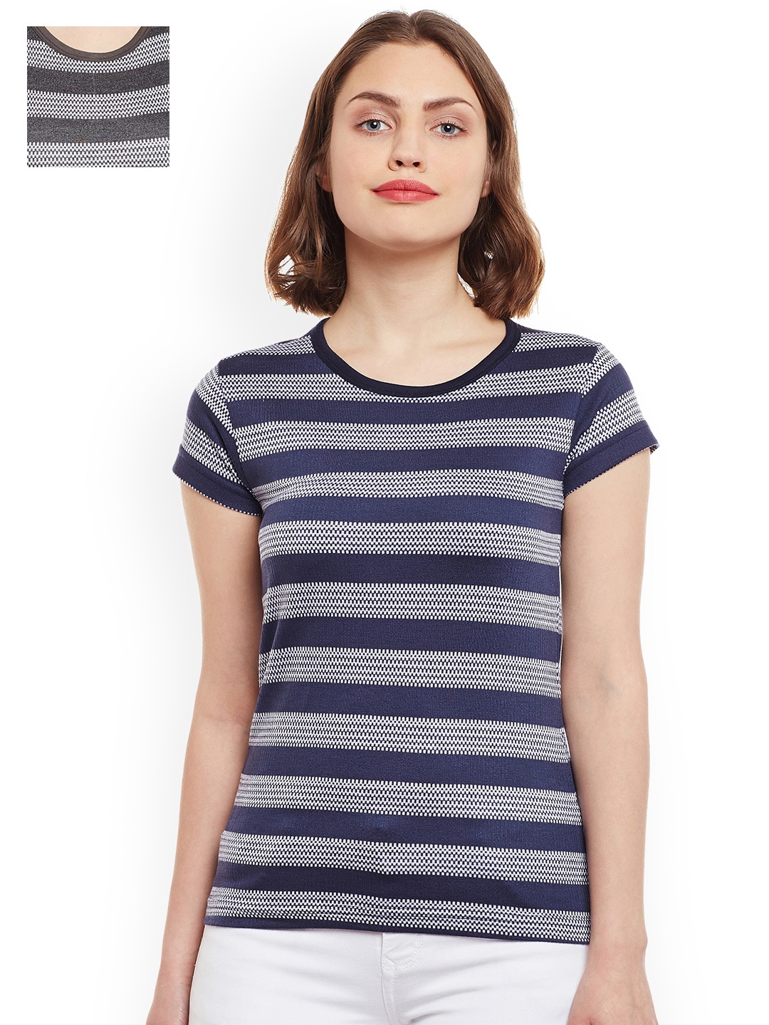 VIMAL JONNEY Women Set of 2 Striped T-shirts, Grey