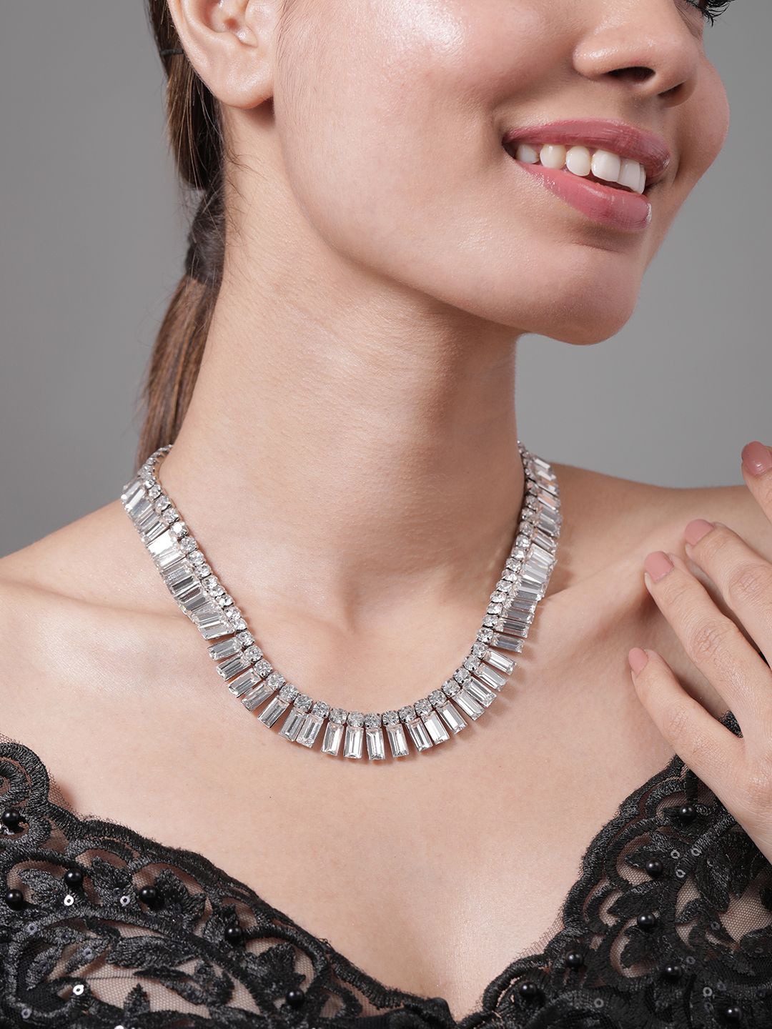 Rubans Rhodium Plated AD & Cubic Zirconia Studded Luxurious Baguette Necklace, Silver
Rubans Rhodium Plated AD & Cubic Zirconia Studded Luxurious Baguette Necklace, Silver