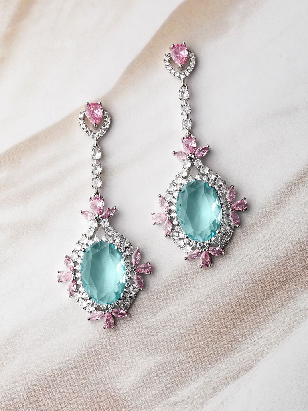 Rubans Rhodium Plated Aqua Blue & Pink AD & Cubic Zirconia Studded Floral Drop Earrings, Silver
Rubans Rhodium Plated Aqua Blue & Pink AD & Cubic Zirconia Studded Floral Drop Earrings, Silver