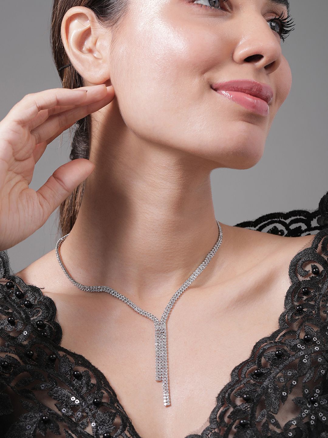 Rubans Rhodium Plated AD & Cubic Zirconia Studded Luxurious Lariat Statement Necklace, Silver
Rubans Rhodium Plated AD & Cubic Zirconia Studded Luxurious Lariat Statement Necklace, Silver