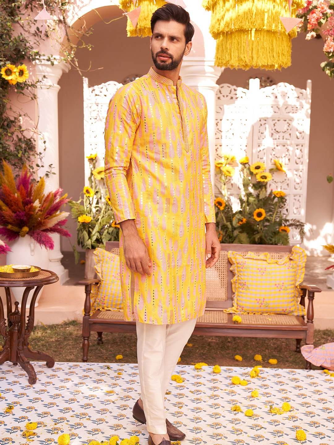 KISAH Men Embroidered Regular Fit Mirror work Kurta Trouser Set, Yellow
KISAH Men Embroidered Regular Fit Mirror work Kurta Trouser Set, Yellow