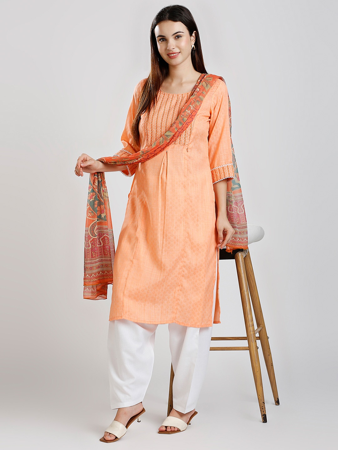 DUMMY SHAPE Geometric Embroidered Pleated Maternity Straight Kurta with Patiala & Dupatta, Peach
DUMMY SHAPE Geometric Embroidered Pleated Maternity Straight Kurta with Patiala & Dupatta, Peach