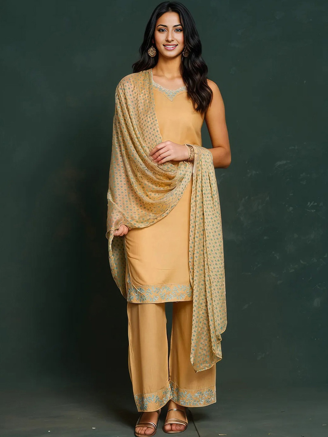 KALINI Floral Embroidered V-Neck Sequinned Straight Kurta With Trousers & Dupatta, Yellow
KALINI Floral Embroidered V-Neck Sequinned Straight Kurta With Trousers & Dupatta, Yellow