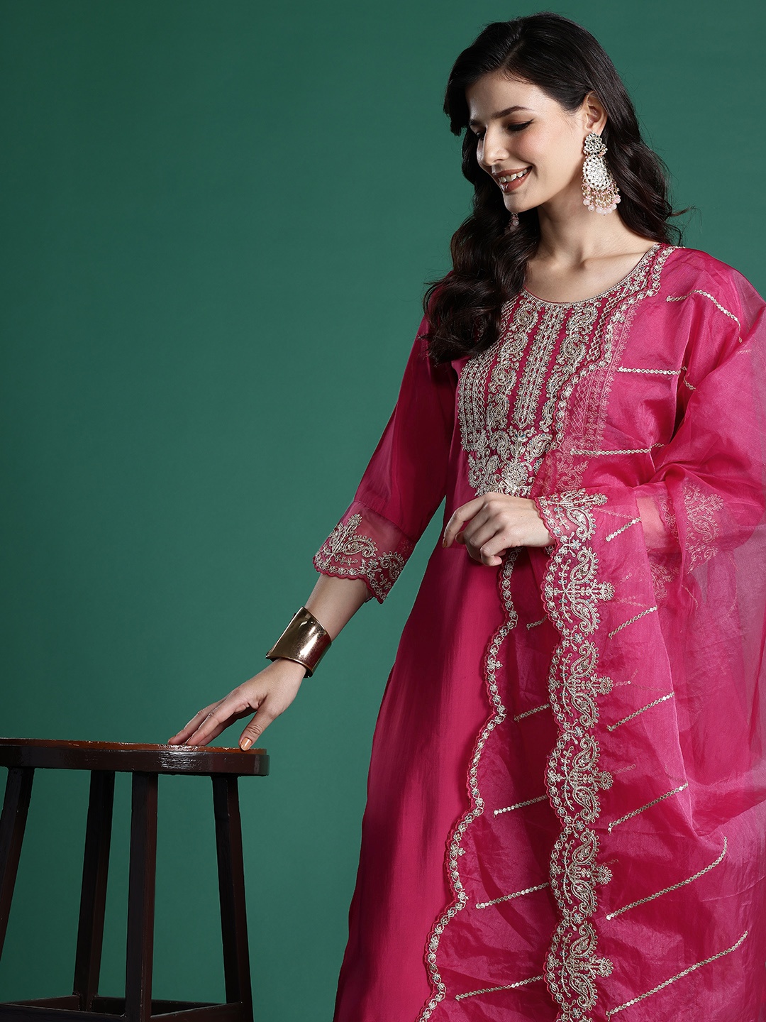 Indo Era Women Ethnic Motifs Embroidered Zari Liva Kurta With Trousers & Dupatta, Pink
Indo Era Women Ethnic Motifs Embroidered Zari Liva Kurta With Trousers & Dupatta, Pink