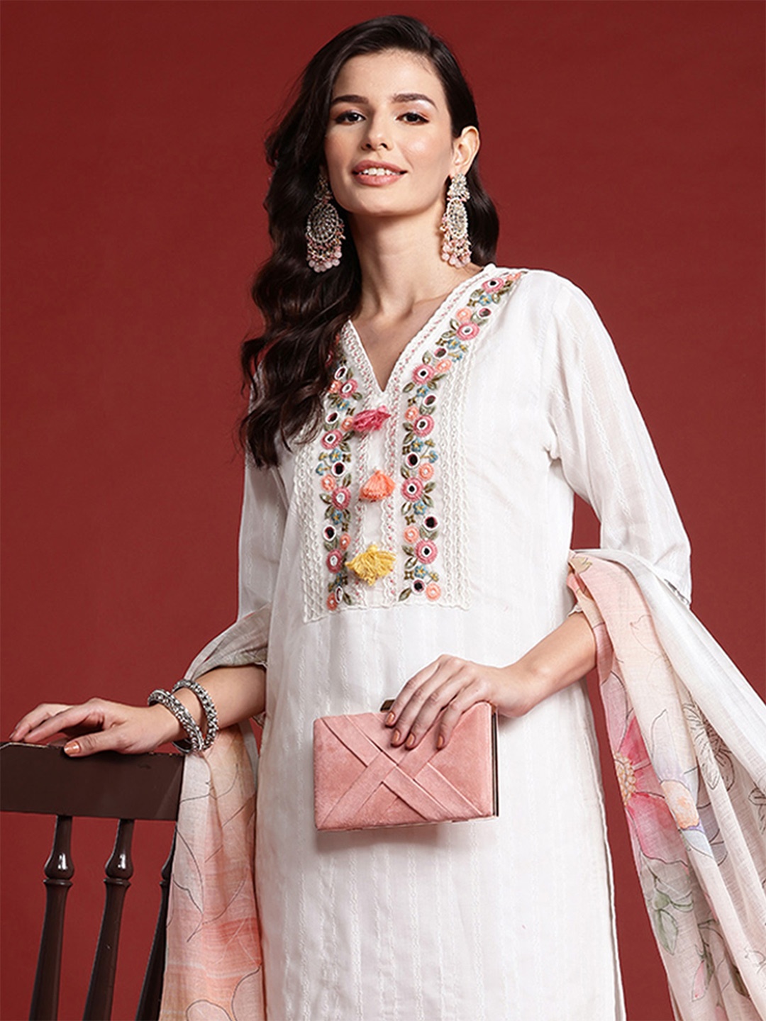 Indo Era Floral Embroidered & Embellished Pure Cotton Kurta with Trousers & Dupatta, Off white
Indo Era Floral Embroidered & Embellished Pure Cotton Kurta with Trousers & Dupatta, Off white